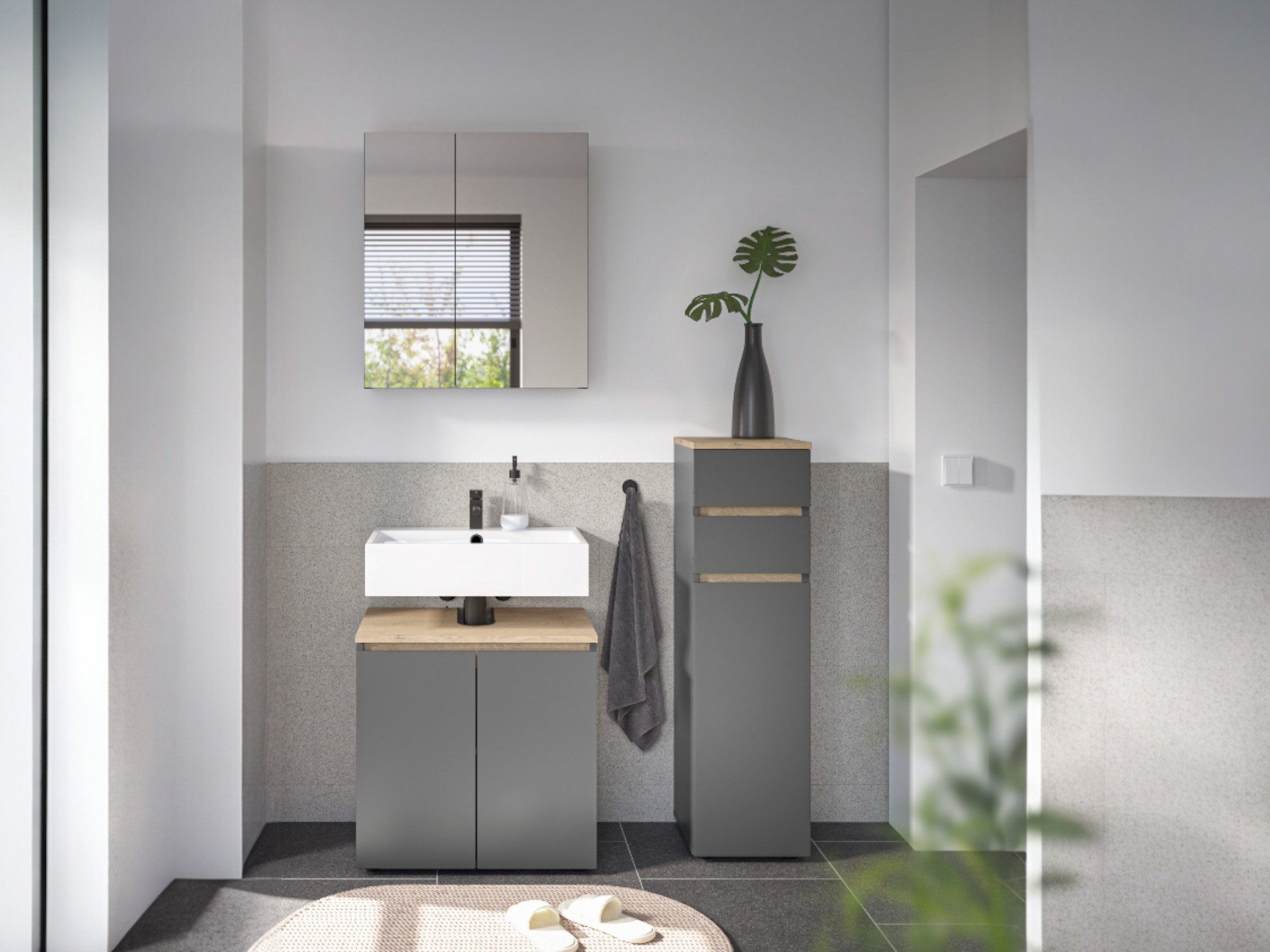 moebel-dich-auf Badmöbel-Set LONDRES, (Set 3, 3-St., Spiegelschrank, Wbu, Kommode), in kaschmir oder anthrazit, Absetzung: Cremona Eiche