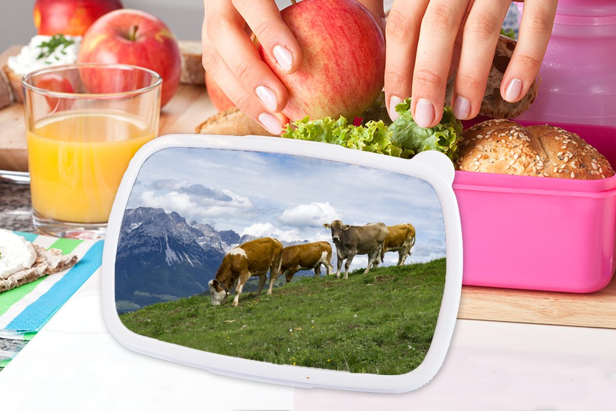 MuchoWow Lunchbox Kühe - rosa Kunststoff, Österreich, für Kunststoff (2-tlg), Mädchen, Snackbox, Brotbox - Landschaft Kinder, Erwachsene, Brotdose