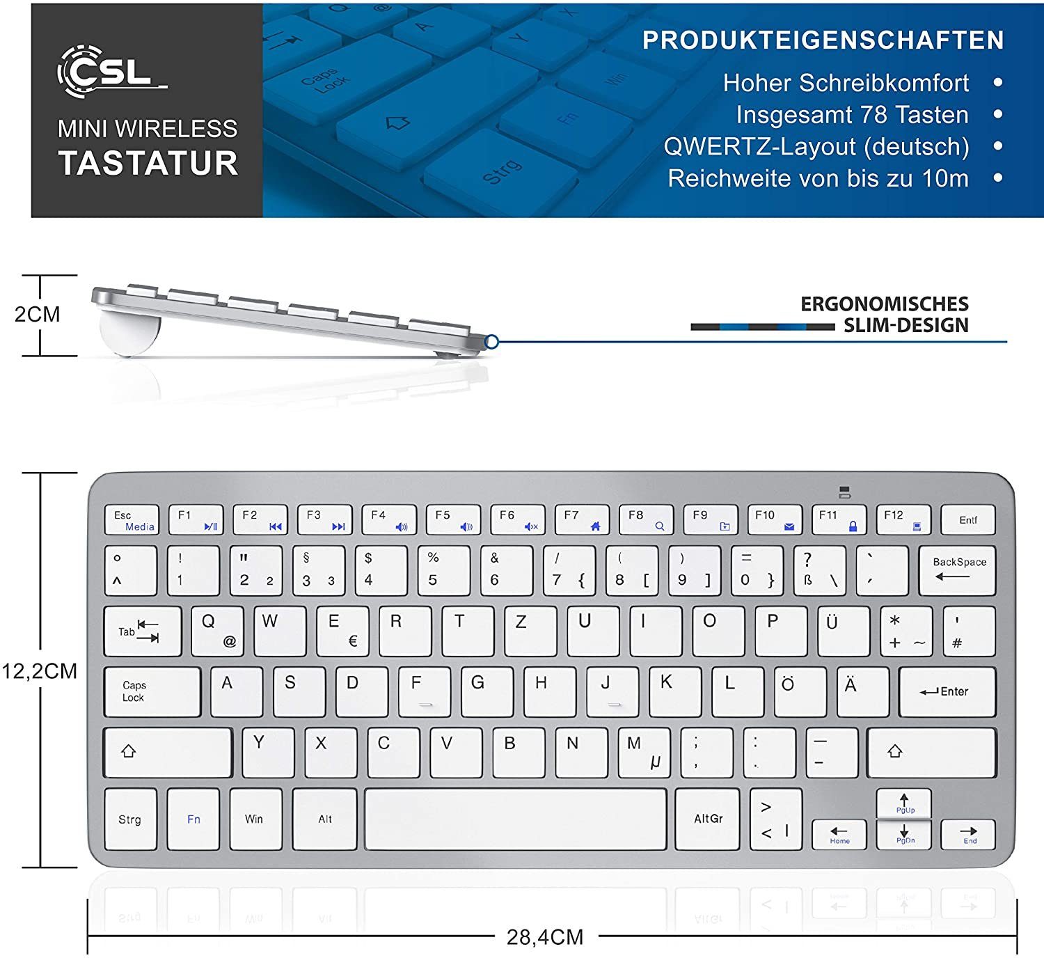 platzsparend, CSL ergonomisch, (2,4Ghz Keyboard, Slim Mini Wireless-Tastatur silber Design Kabellos)