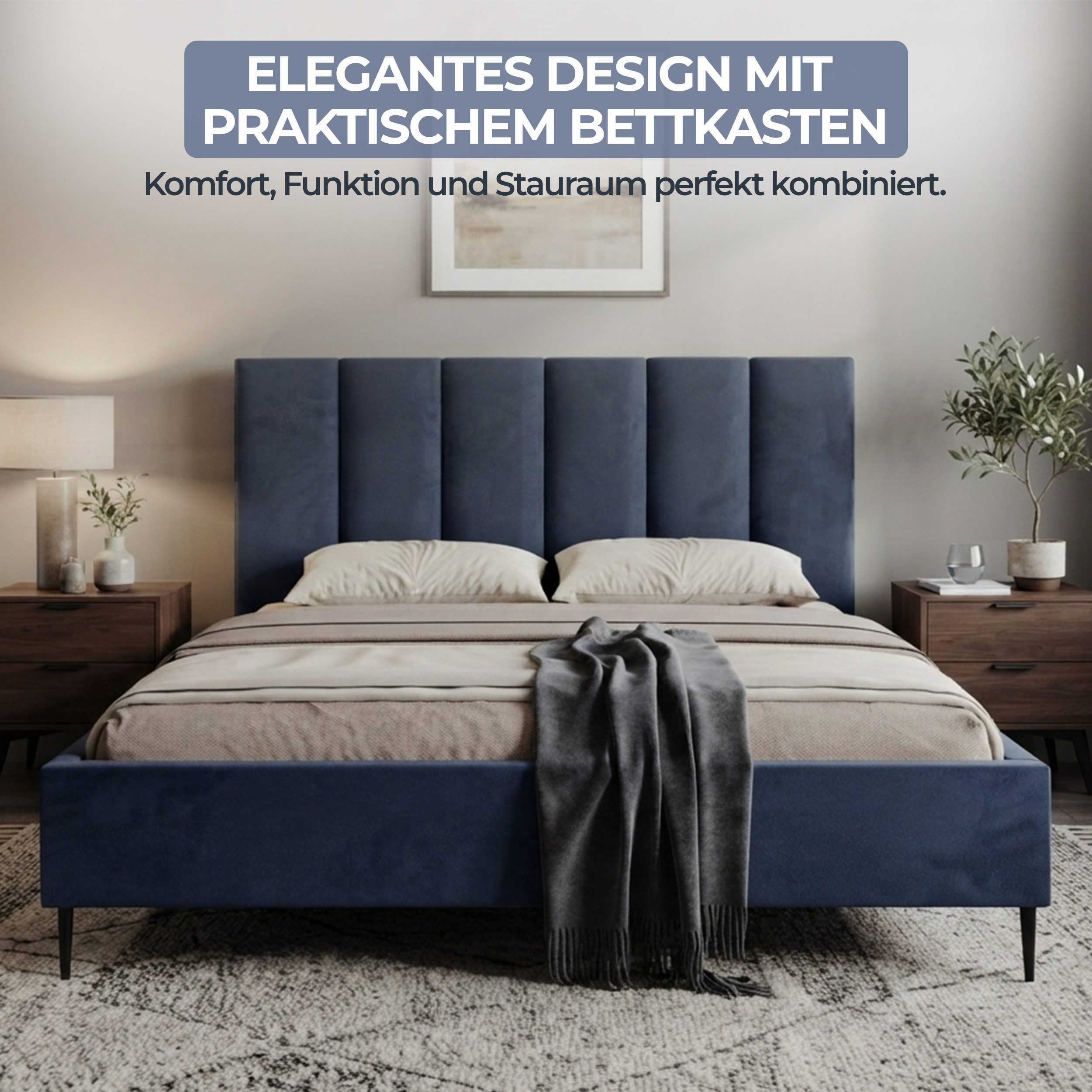 Goldstoff Polsterbett Modernes Bett "GERMAIN" mit hohem Kopfteil und integriertem Bettkasten (120–200x200 cm, Kopfteilhöhe: 90/110 cm, Seitenhöhe: 25/40 cm), Elegantes Bett mit Stauraum und wählbarer Kopfteilhöhe