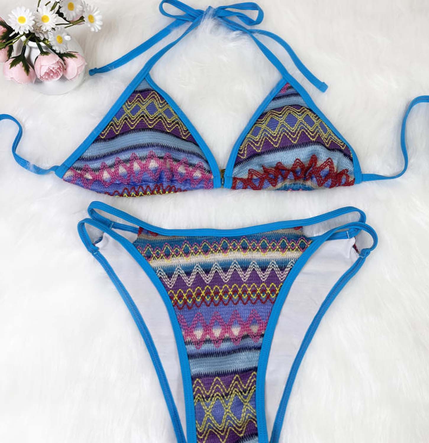 solnura Badeanzug Boho Triangel Bikini-Set mit geometrischem Muster, bindbar S/M/L/XL
