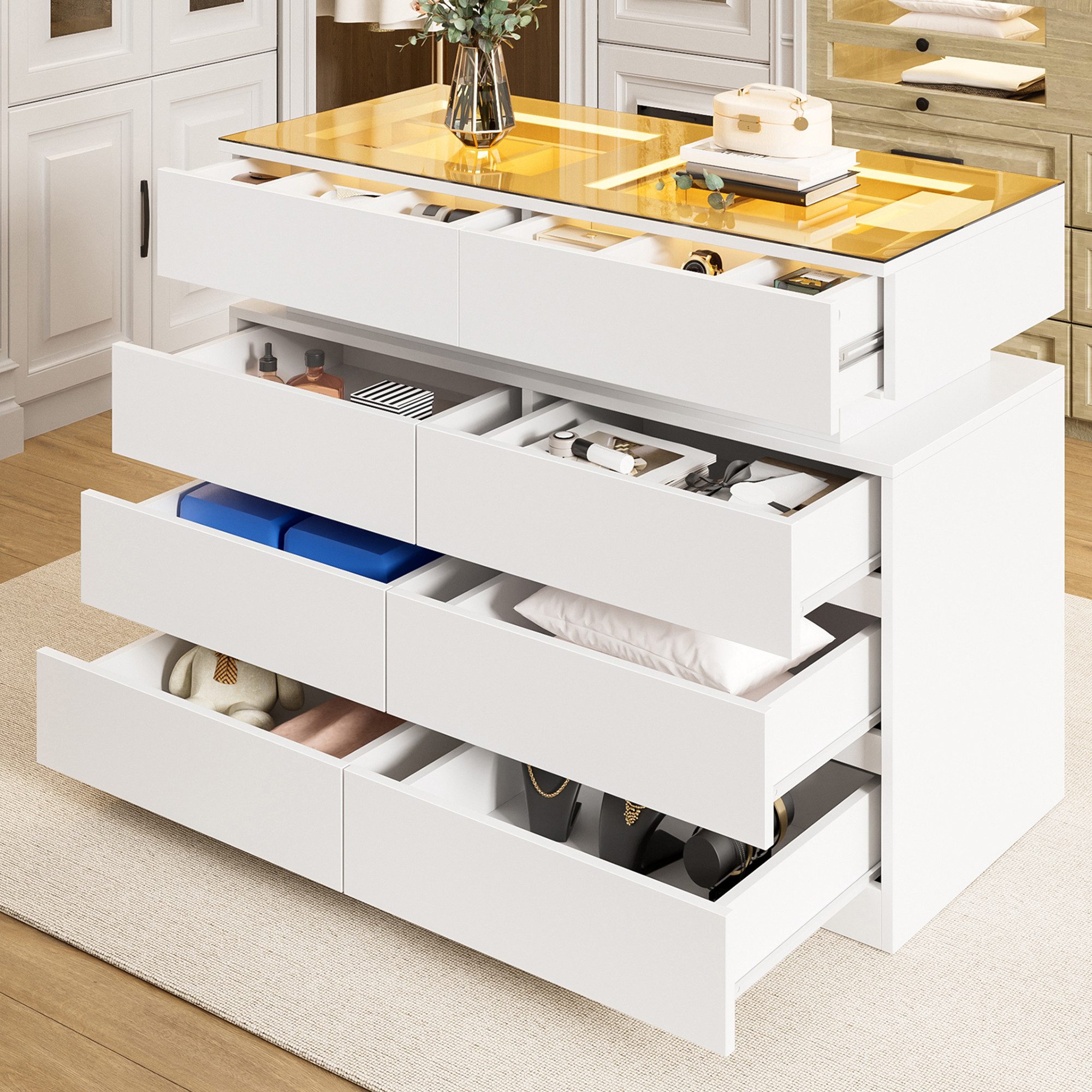 Flieks Kommode mit Glas-Arbeitsplatte, LED-Beleuchtung und 8 Schubladen (1 St., B100/T45/H76 cm), Mehrzweckschrank Schmuckschrank Holzschrank Weiß