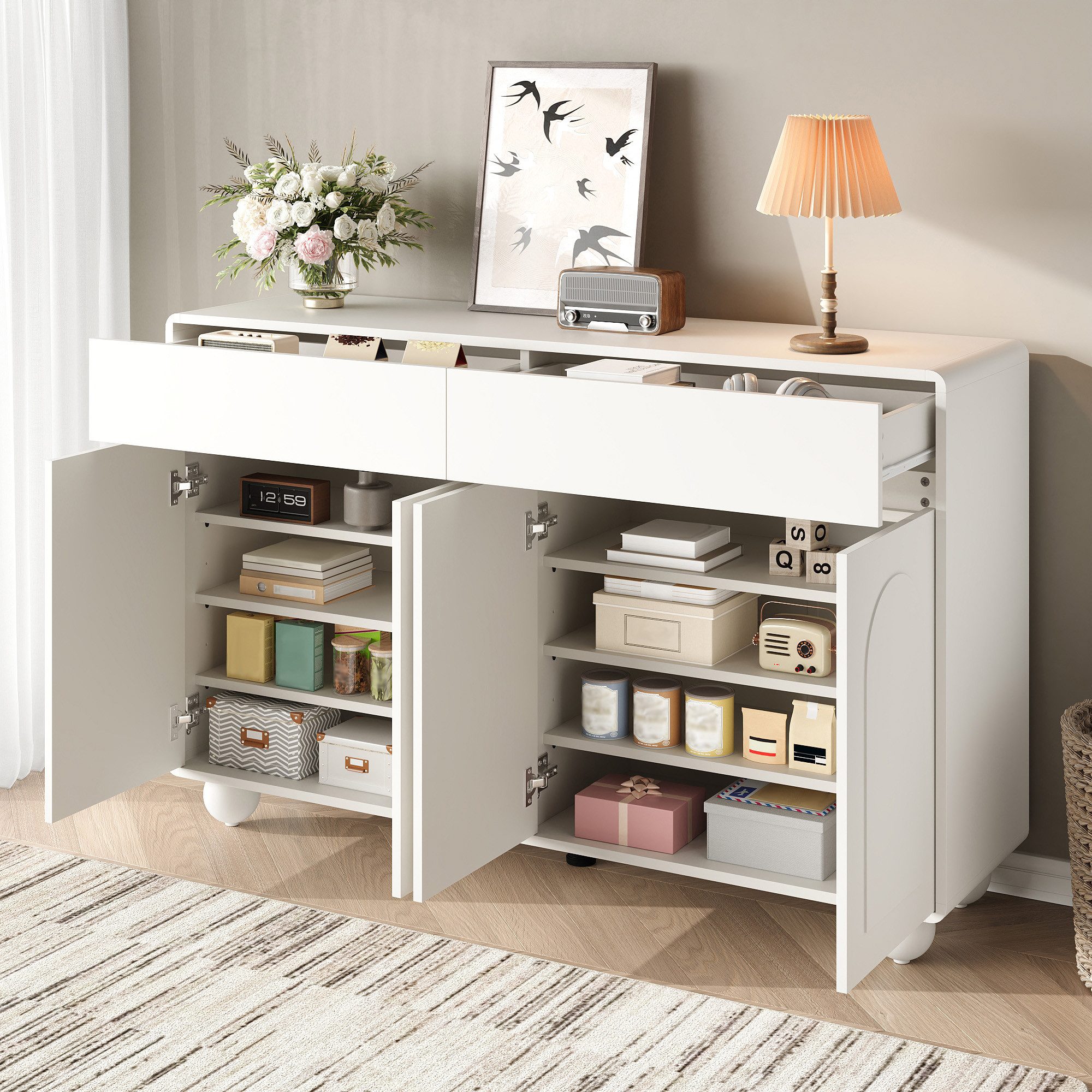 REDOM Sideboard Praktischer Stauraumschrank (Packung, 1 St., Weiß, PB+MDF, Metallfüße), 140x89x38cm, 2 Schubladen + 4 Türen