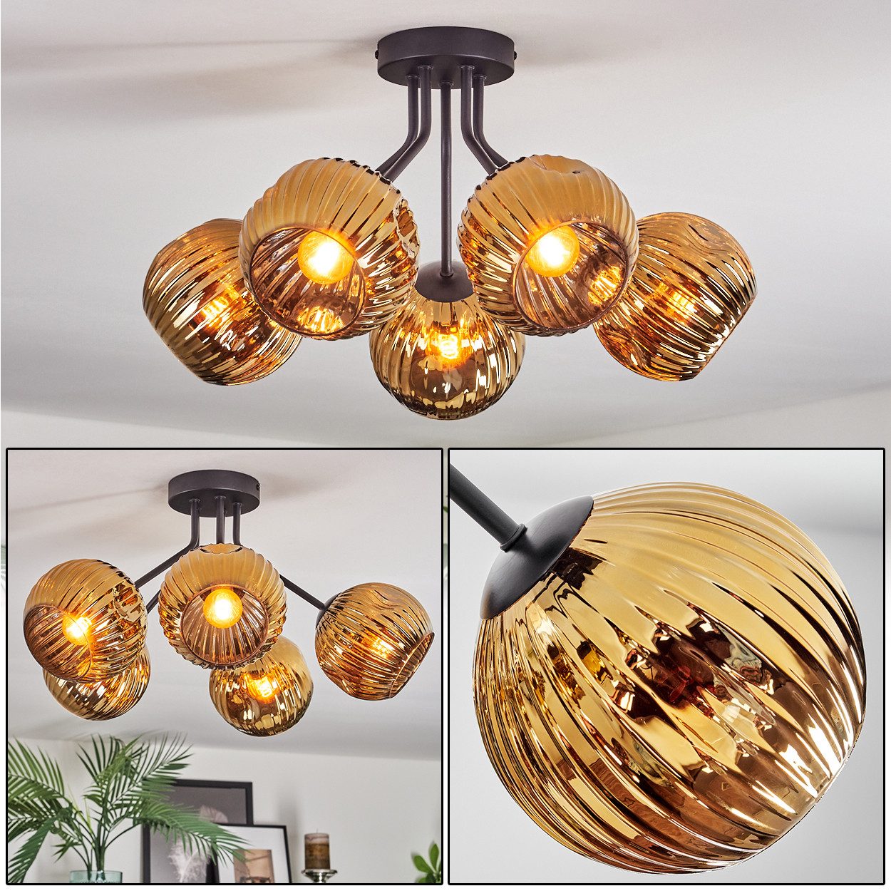 hofstein Deckenleuchte 5-flammige Deckenlampe aus Metall/Riffelglas in Schwarz/Gold, moderne Leuchte im Retro/Vintage-Design (Schirme Ø 15 cm), E14, FLur