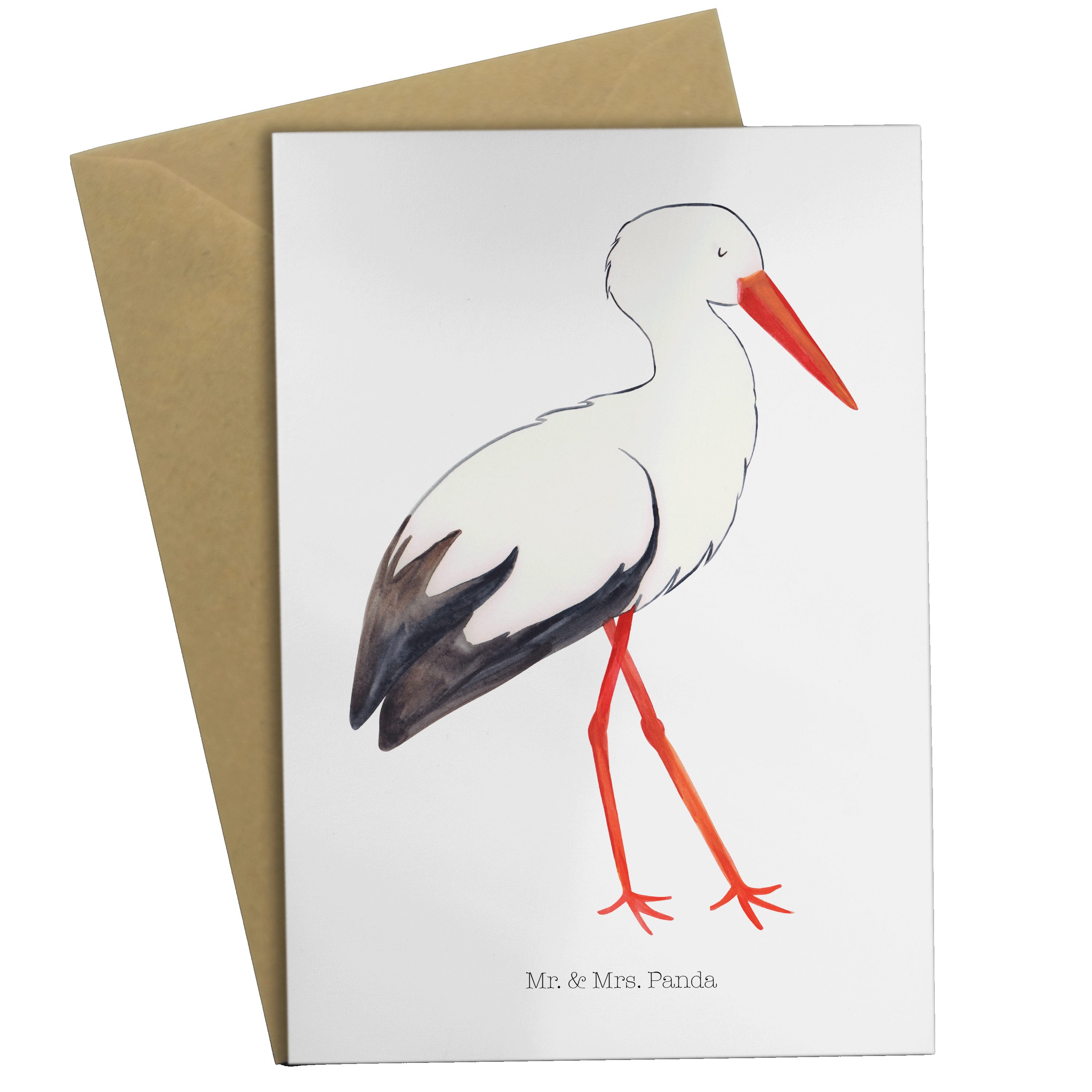 Mr. & Mrs. Panda Grußkarte Storch - Weiß - Geschenk, Klappkarte, Einladungskarte, Glückwunschkar