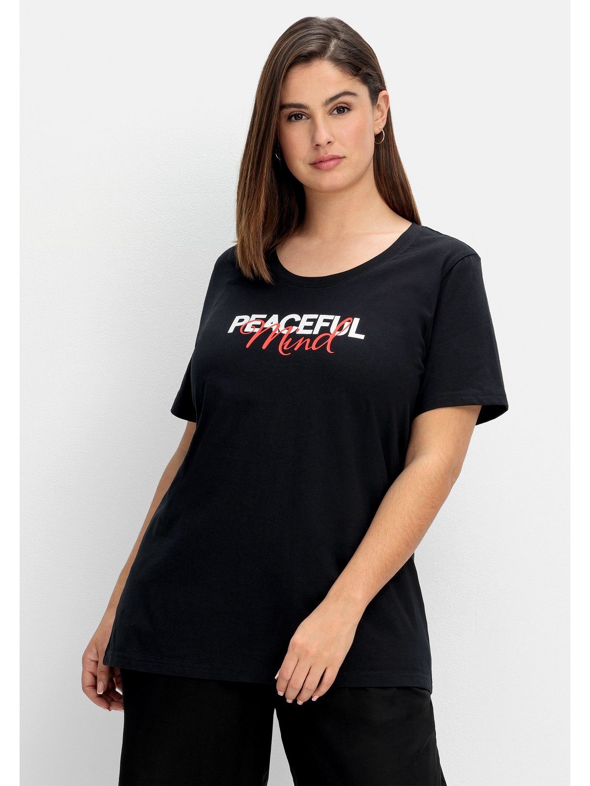 Sheego T-Shirt Große Größen mit Statement-Frontdruck schwarz bedruckt