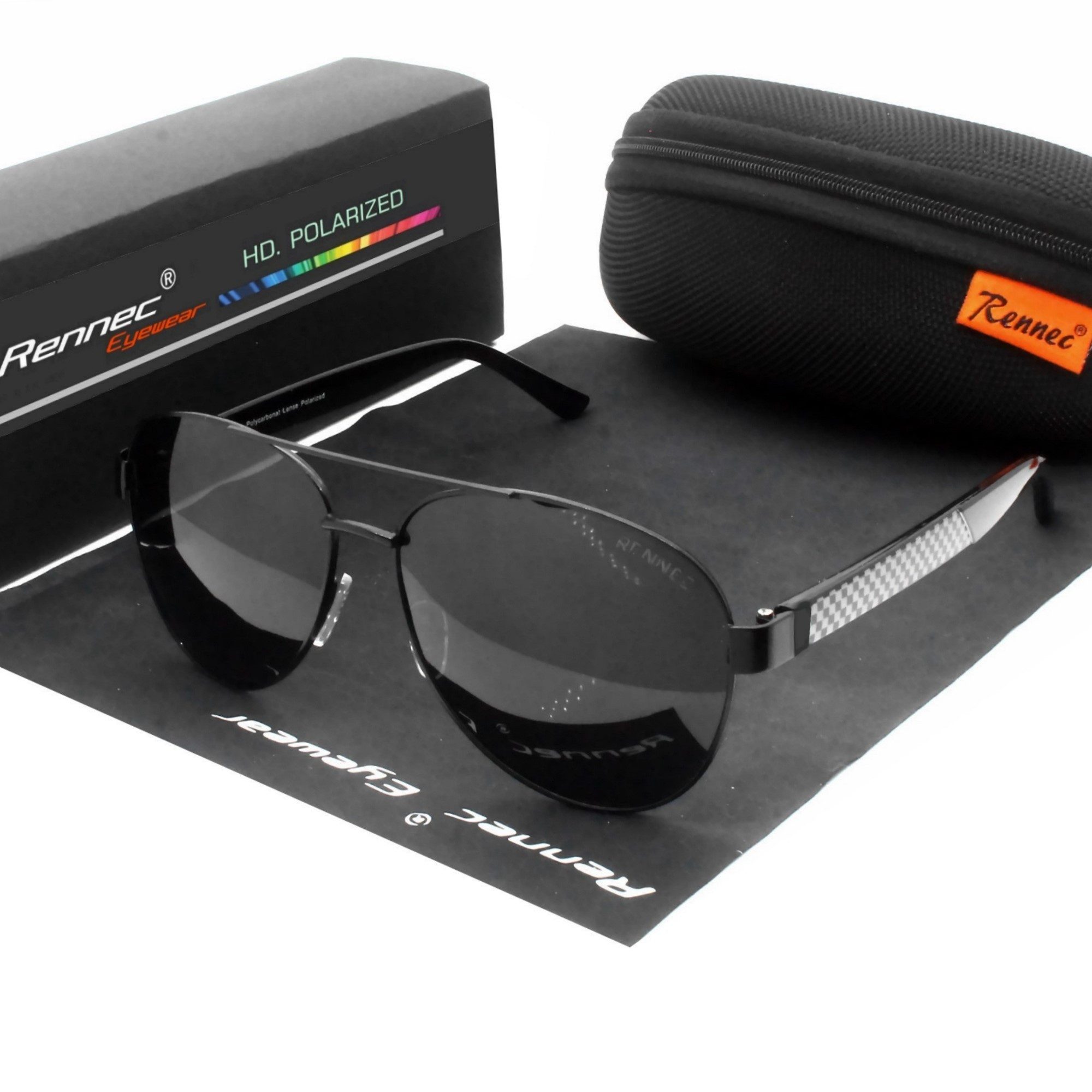 Rennec Sonnenbrille (Polarisierte Pilotenbrille Oversize Schwarz mit Brillenbox, 1x Piloten Sonnenbrille für Damen Herren in XL) Linsen Smoke Schwarz UV400 Getönt sportlich breite Bügel
