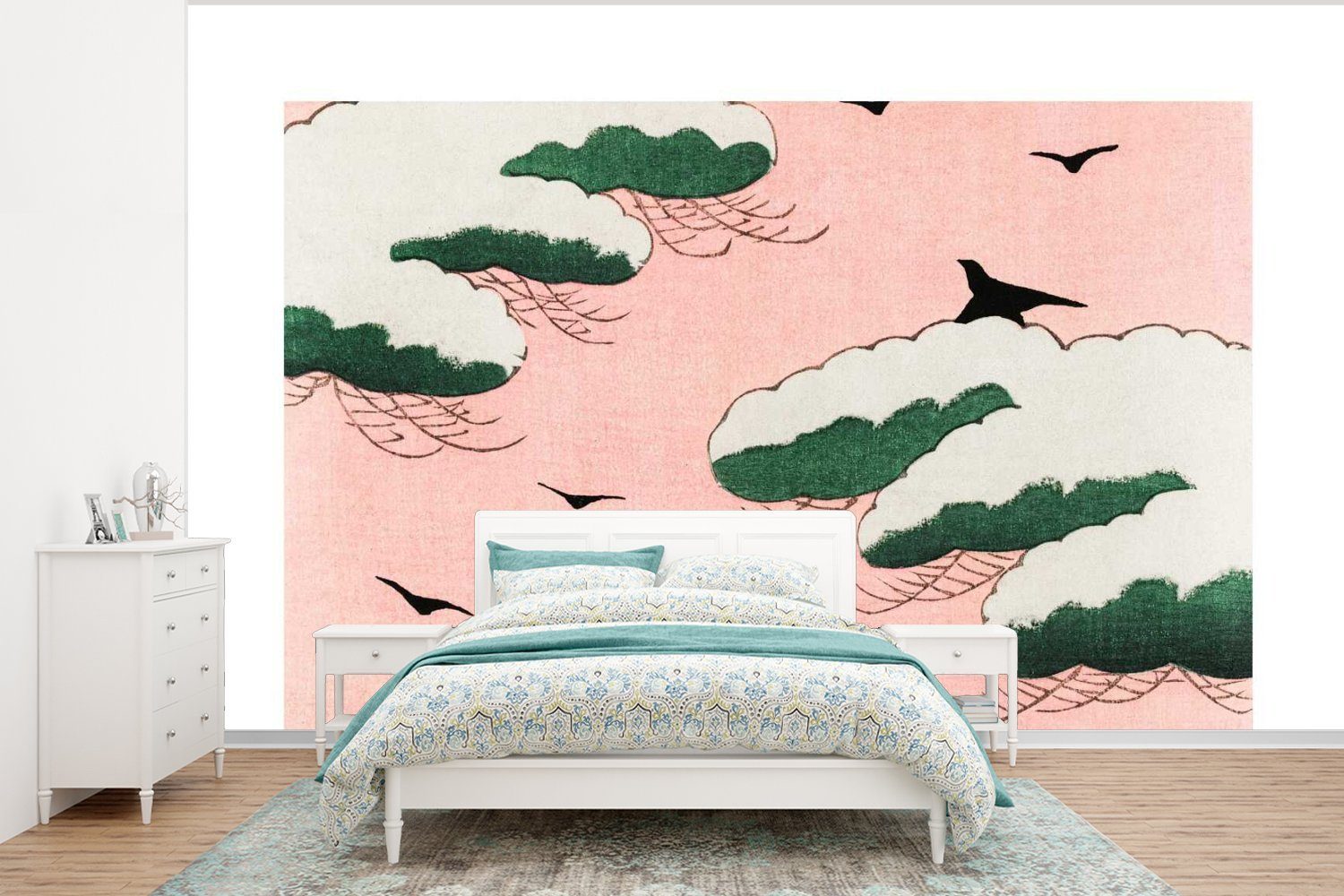 MuchoWow Fototapete Wolken - Vogel - Japandi - Jahrgang, Matt, bedruckt, (6 St), Wallpaper für Wohnzimmer, Schlafzimmer, Kinderzimmer, Vinyl Tapete