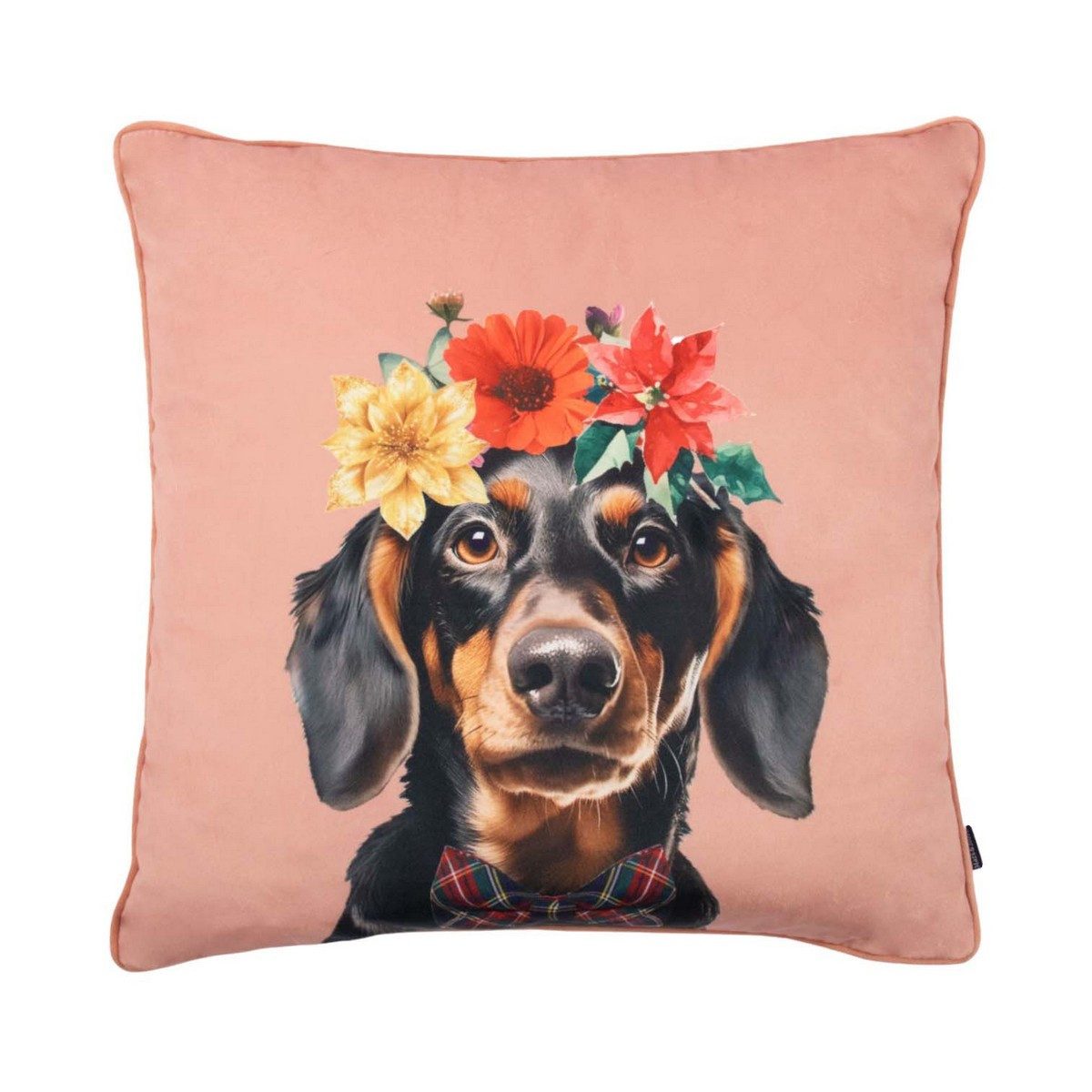 Mars & More Dekokissen Kissen Dackel Hund mit Blumenkranz Samt Rosa 45 cm, Dekorativ