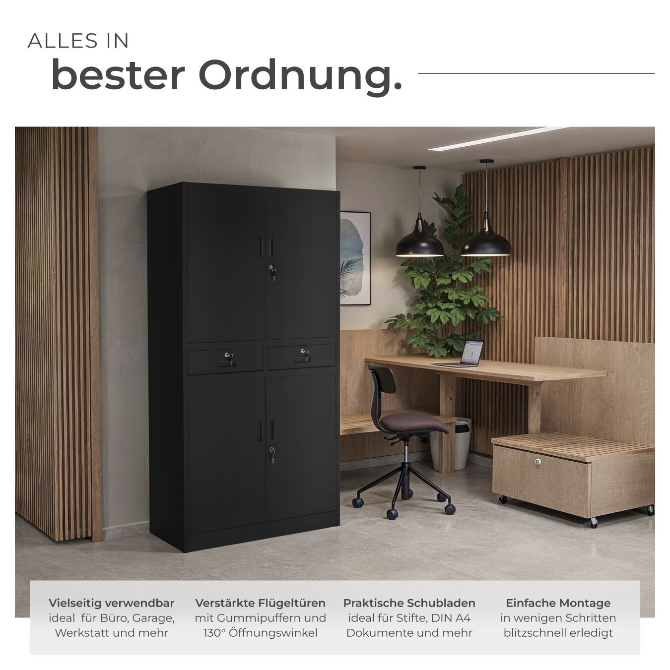 tectake Aktenschrank Büroschrank Cosmo mit 2 Schubfächern 40x80x180cm (Komplettset, 1-St., inkl. 8 Schlüssel) aus pulverbeschichtetem Stahl