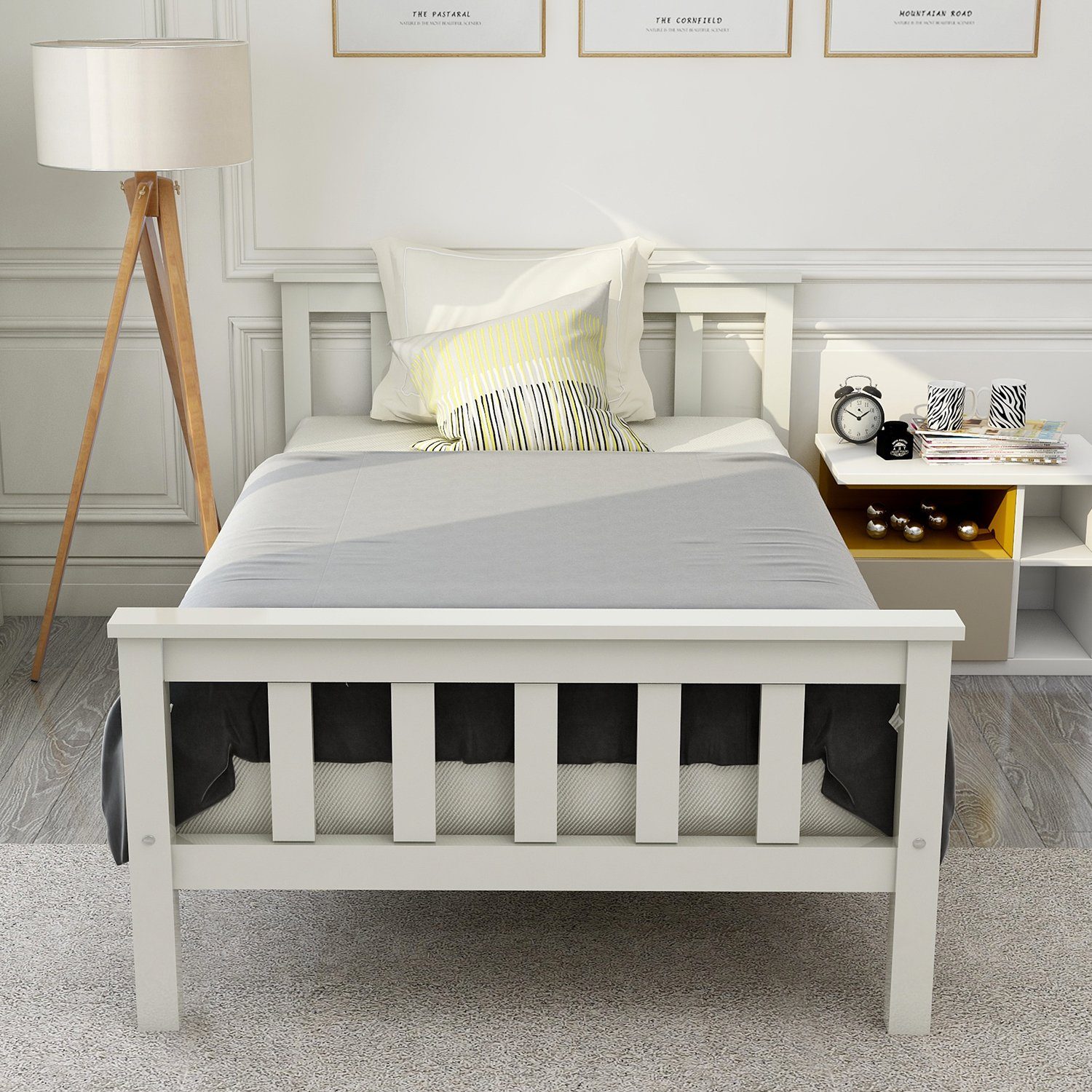 Sweiko Einzelbett (Holzbett mit Lattenrost und Kopfteil), Kinderbett Jugendbett Massivholzbett 90 x 200 cm Kiefer, Weiß