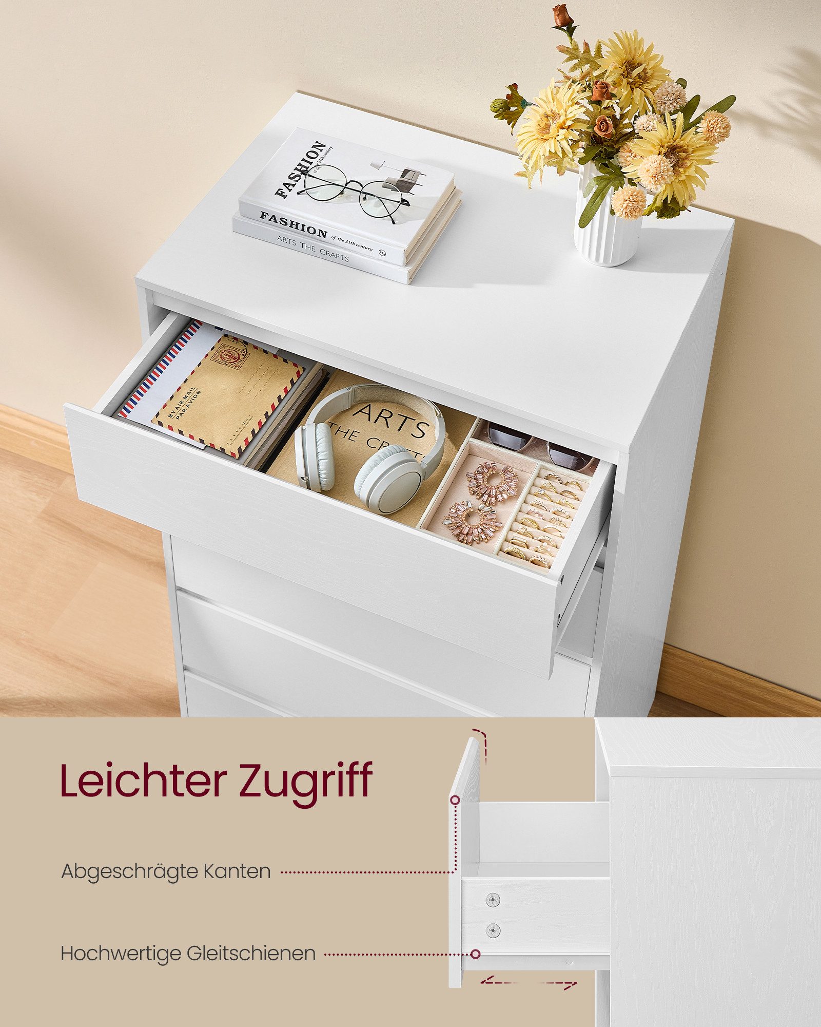 VASAGLE Kommode, mit 3 / 4 / 5 Schubladen, Komodenschrank, Schubladenschrank