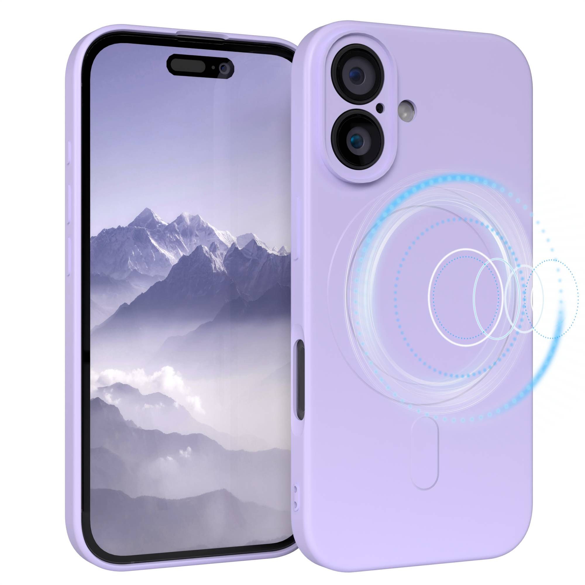EAZY CASE Handyhülle für Apple iPhone 16 Hülle Silikon 6,1 Zoll, MagSafe Soft-Silikonhülle kabelloses Laden matte Oberfläche Blau Lila