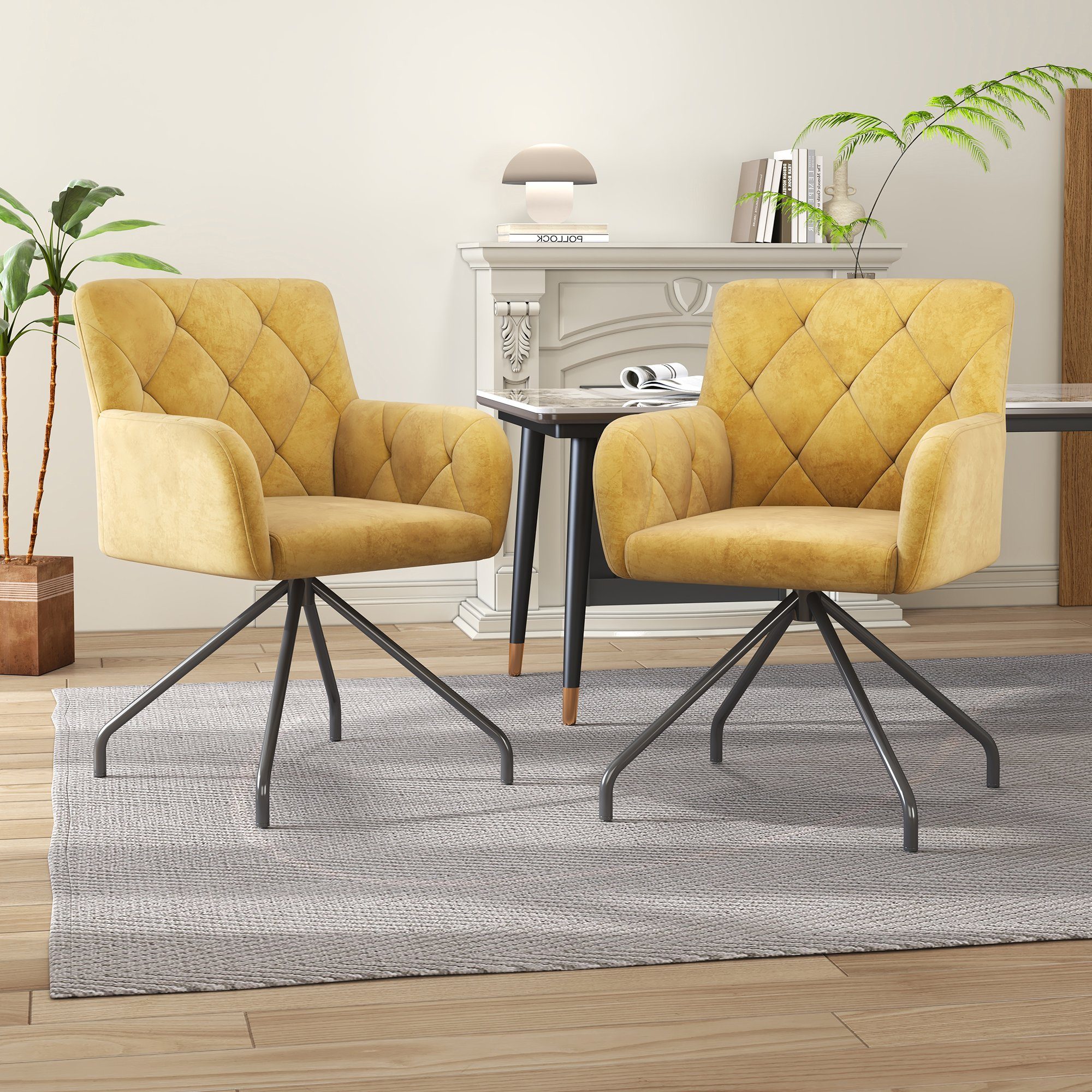 Odikalo Esszimmerstuhl 2er 4 Sessel Set Wohnzimmer grau/gelb Metallbeinen Gepolstert Samt