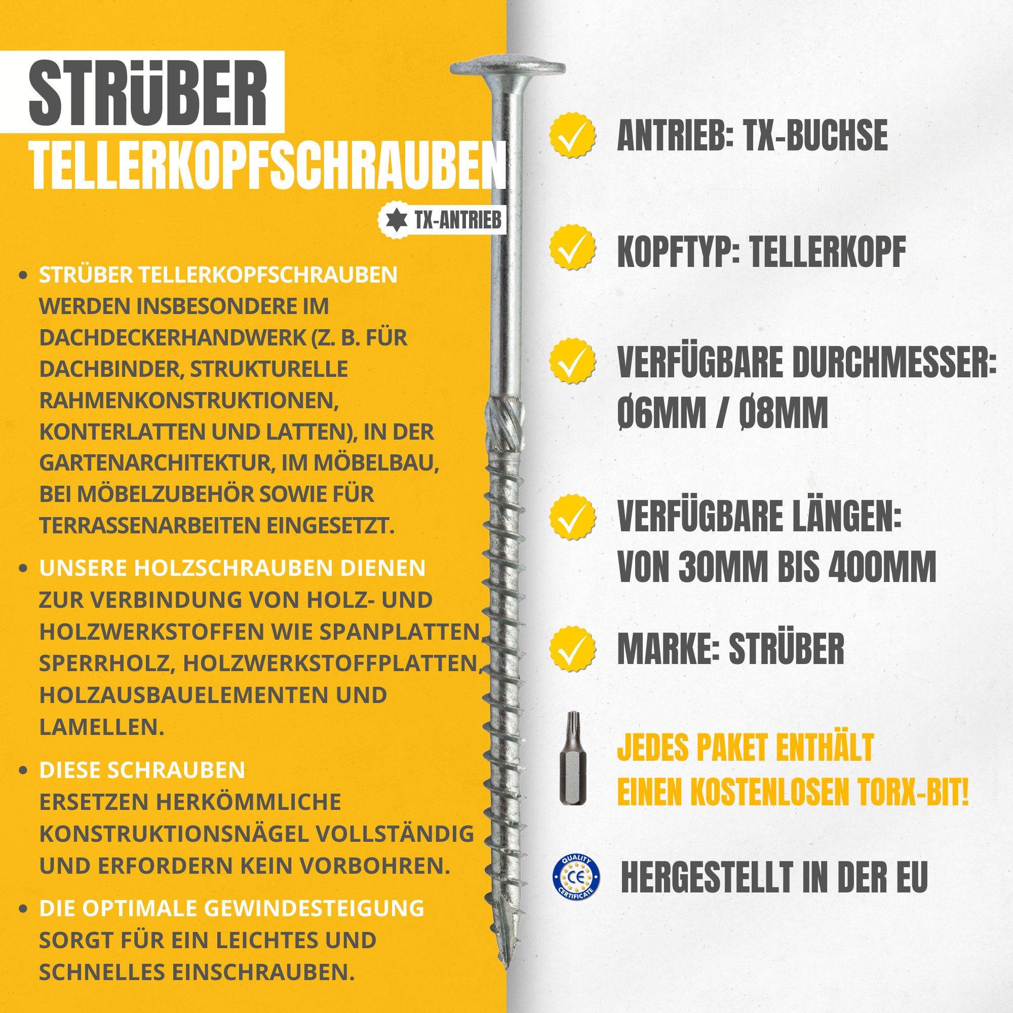 STRÜBER Holzbauschraube Tellerkopfschrauben Holzschrauben Konstruktionsschraube – Bild 2 von 5