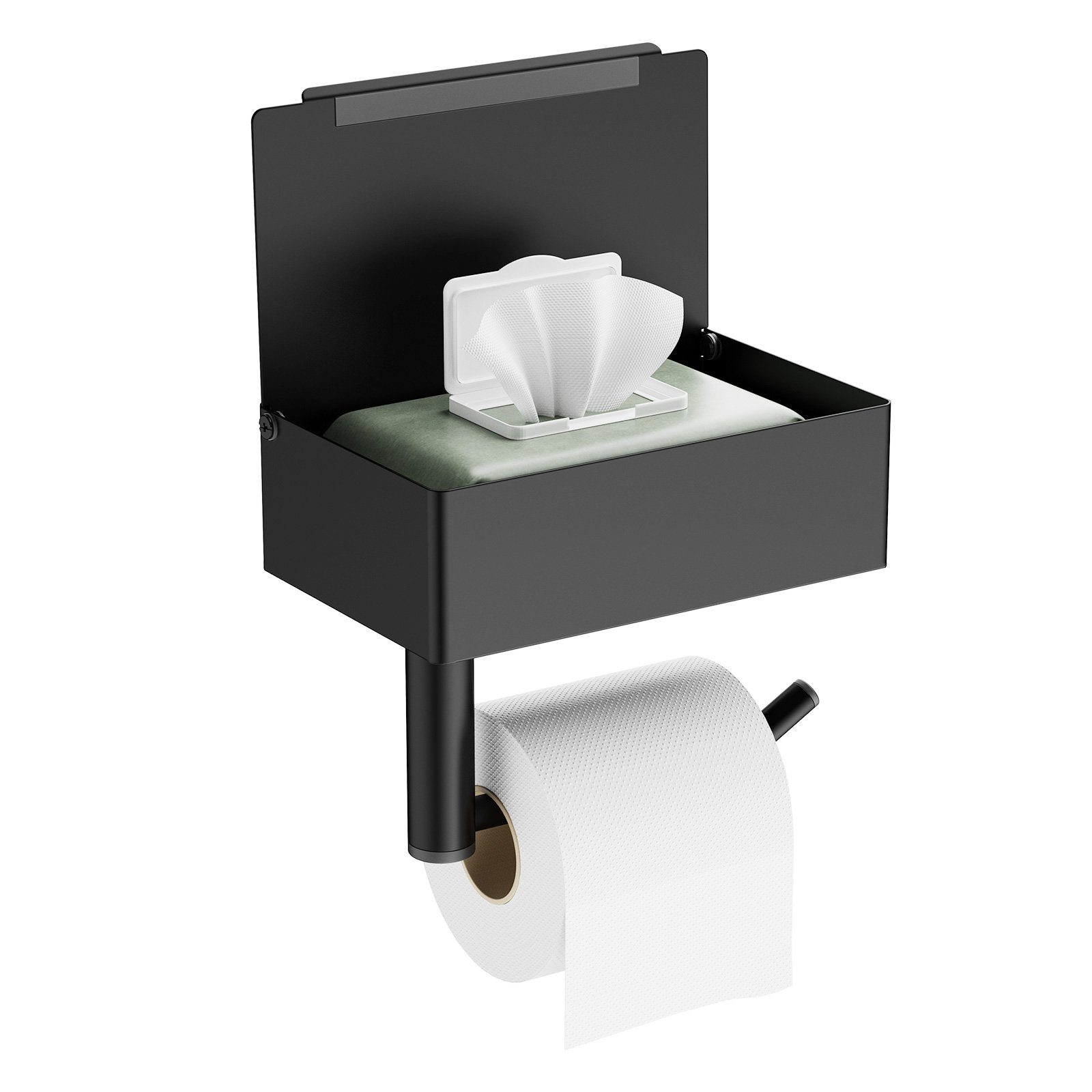 Rainsworth Toilettenpapierhalter (Wandhalterung Taschentuchrollenhalter mit Ablage für Badezimmer, Klopapierhalter mit Feuchttücherbox,Selbstklebend oder Gebohrt), ohne Bohren Schwarz, Leises Design