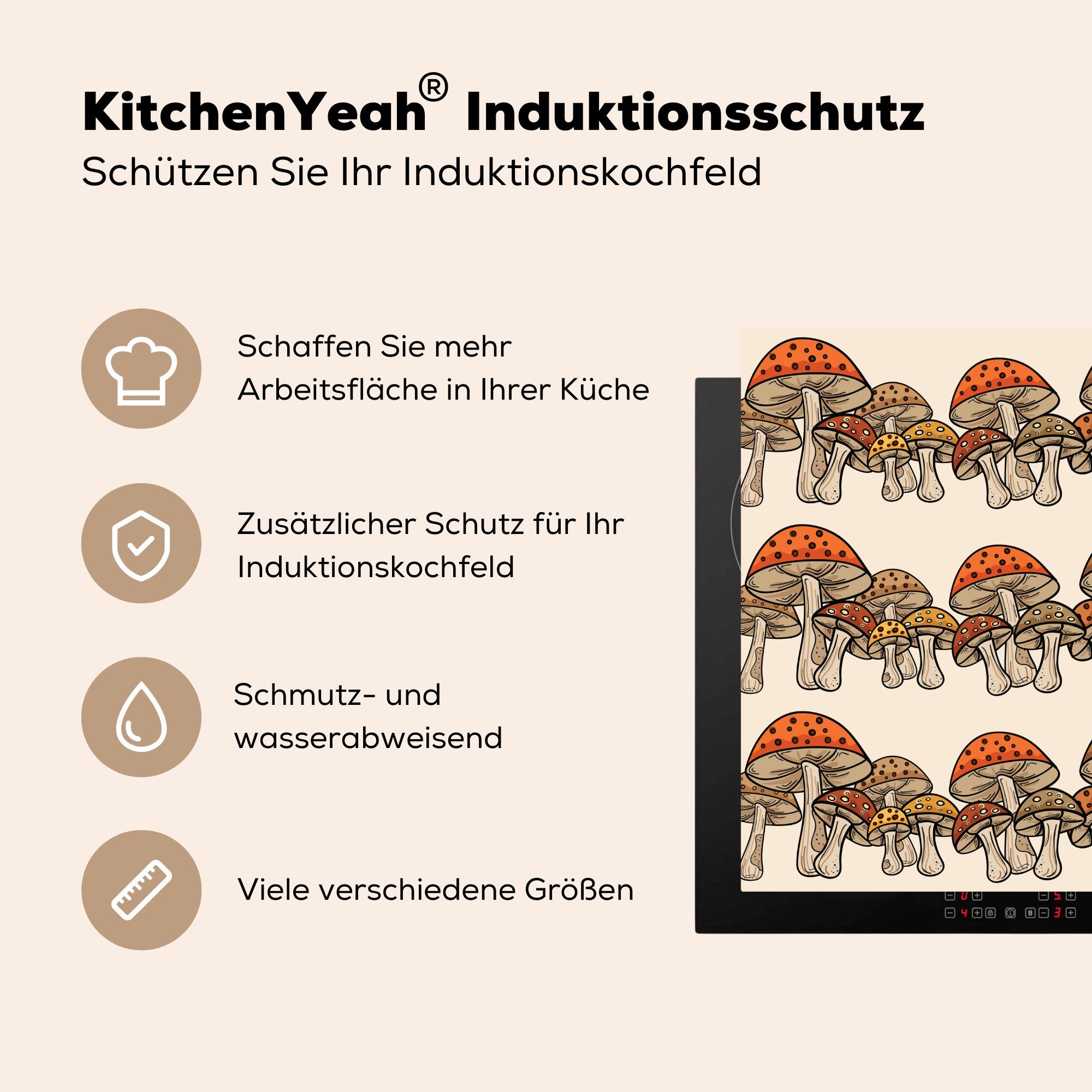 küche Muster Ceranfeldabdeckung, (1 - für MuchoWow - cm, Pilze Vinyl, Weiß, tlg), Arbeitsplatte 78x78 Herdblende-/Abdeckplatte