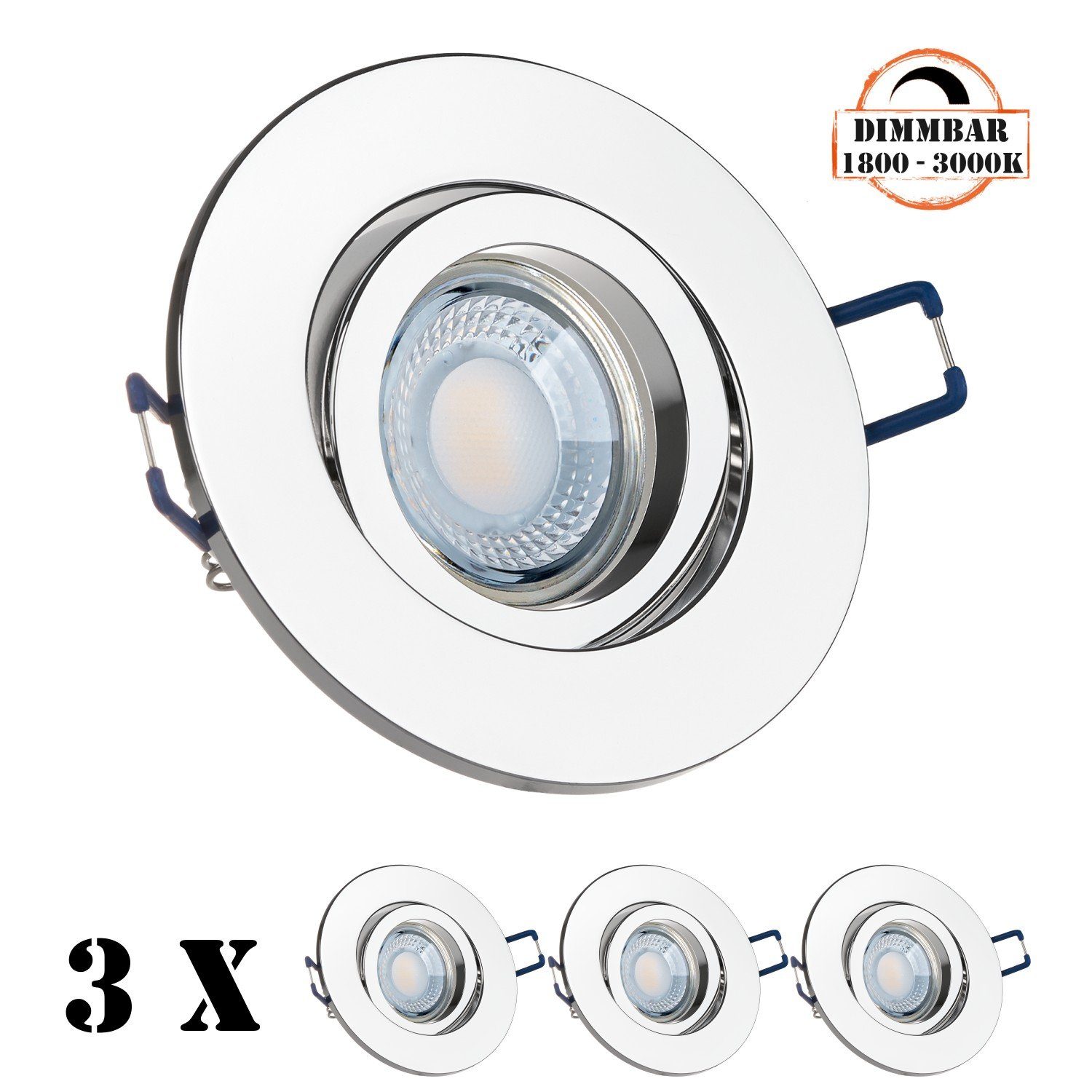 LEDANDO LED Einbaustrahler 3er LED Einbaustrahler Set extra flach in chrom mit 5W LED von LEDANDO