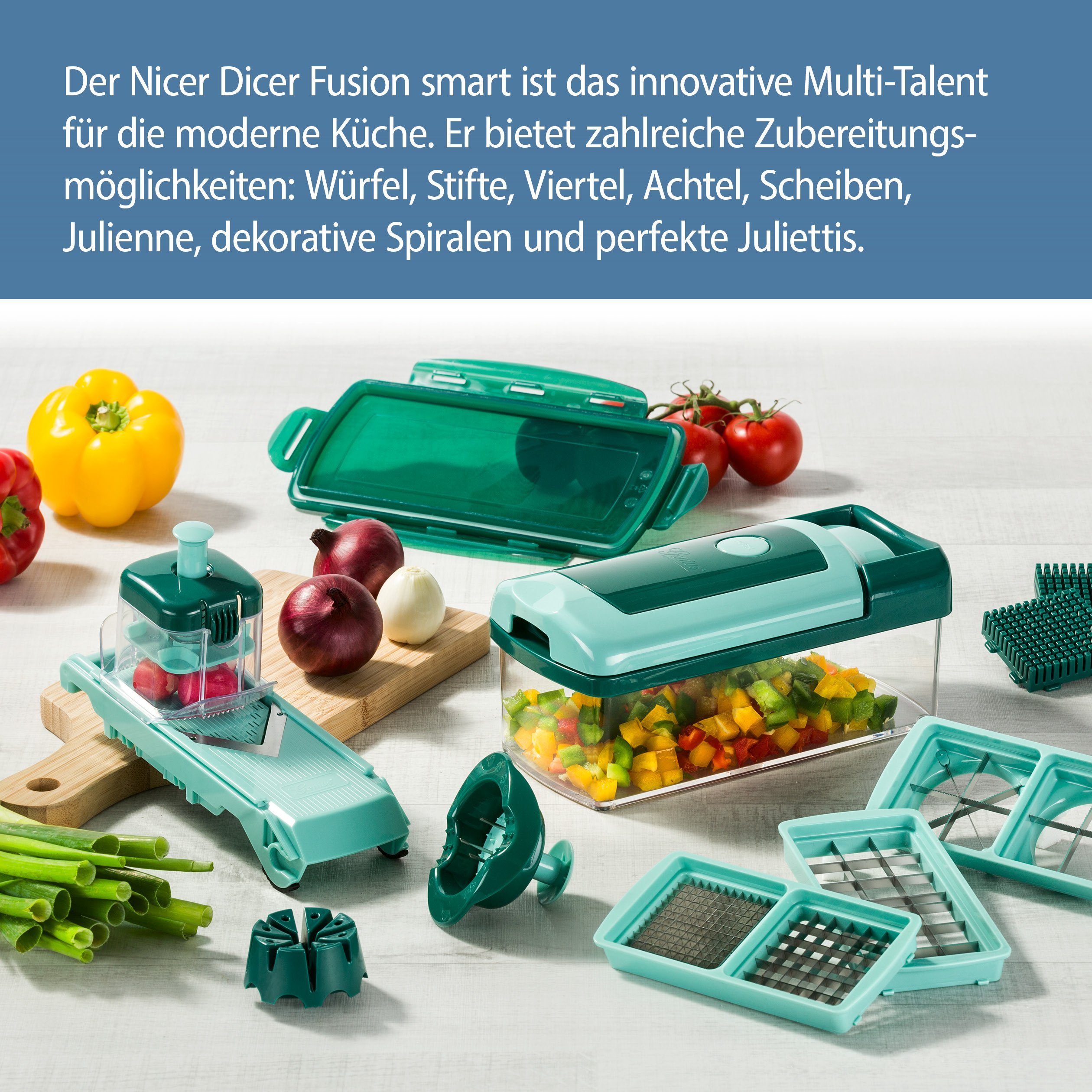 Genius Gemüseschneider Zerkleiner Nicer Dicer Fusion Smart Gemüsehobel manuell, Julietti Spiralschneider für Juliennes, Würfel