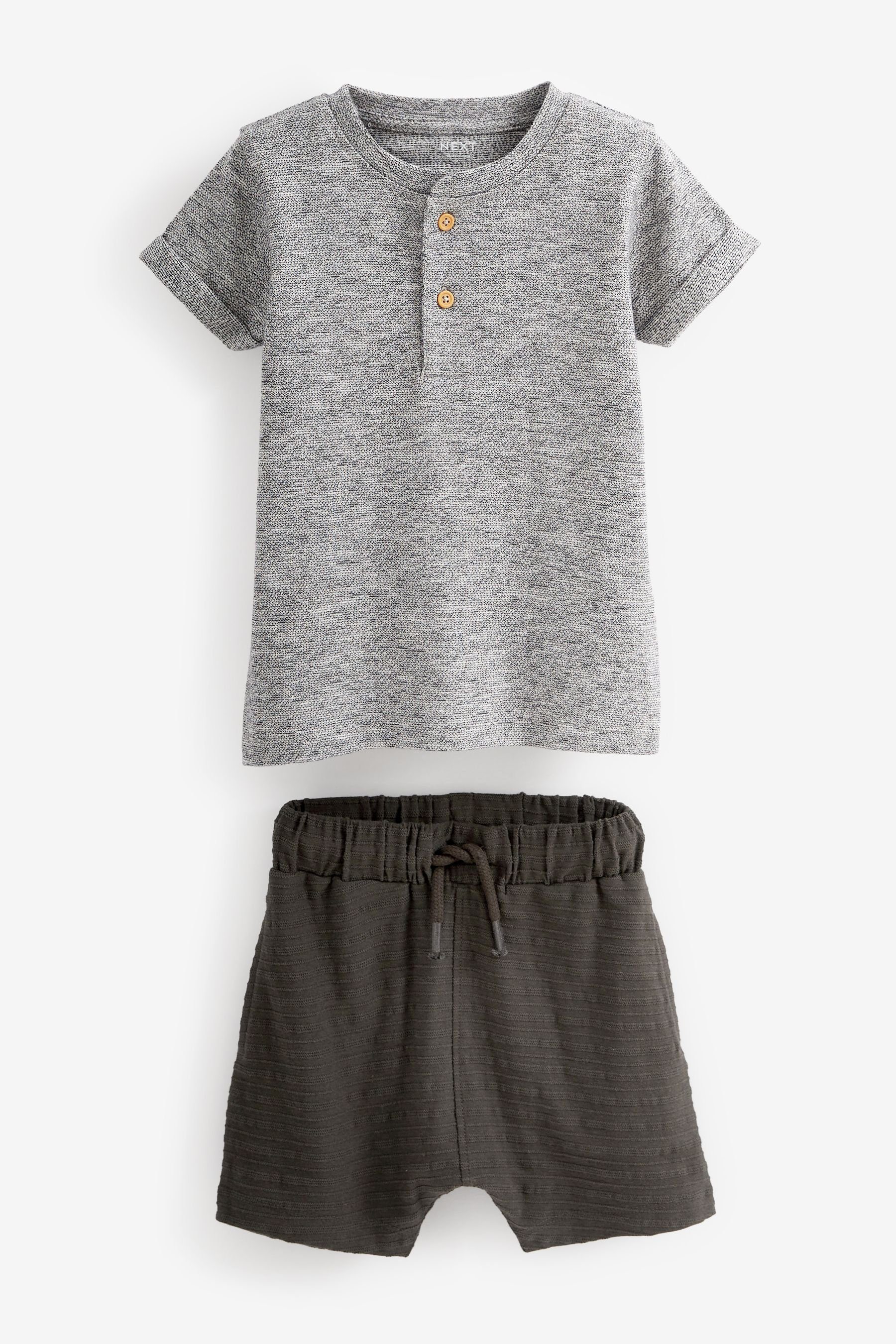 Next T-Shirt & Shorts Kurzärmeliges Henley Oberteil und Shorts im Set (2-tlg) Charcoal Grey