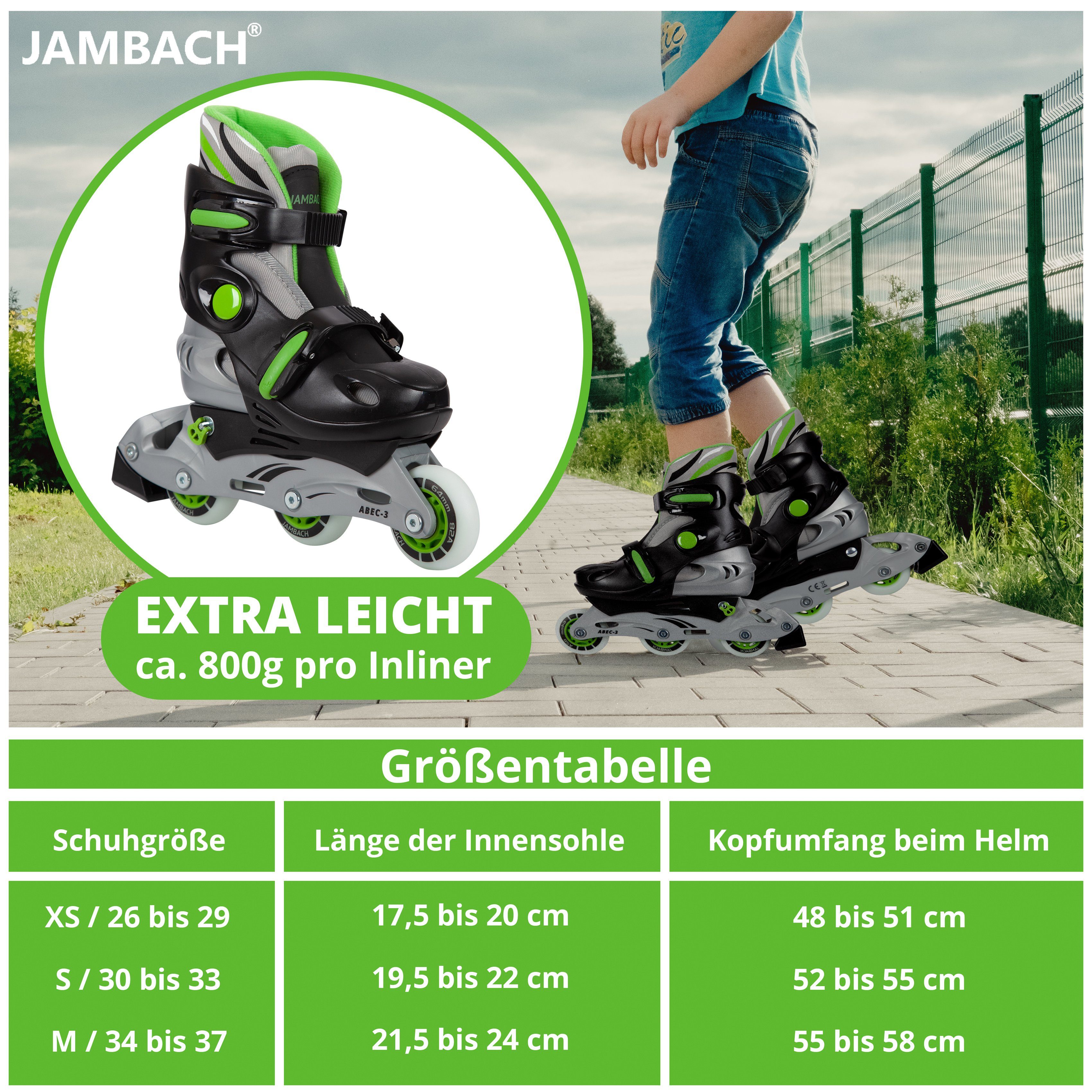 (Set, blinkende JAMBACH Protektoren, grün Rolle Set Einsteiger Inliner, Inlineskates, verstellbare Größe Rucksack), Helm,