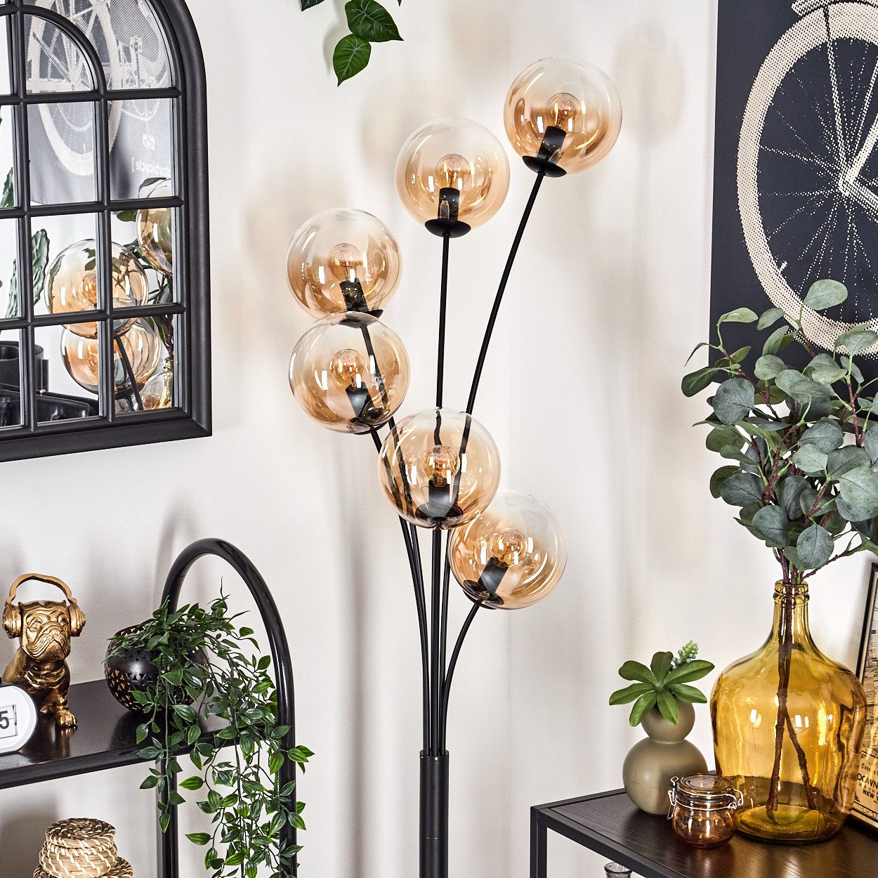 hofstein Stehlampe Stehlampe aus Metall/Glas in Schwarz/Bernstein/Klar, ohne Leuchtmittel, Leuchte mit Glasschirmen(15cm), 168cm, 6 x E14, ohne Leuchtmittel