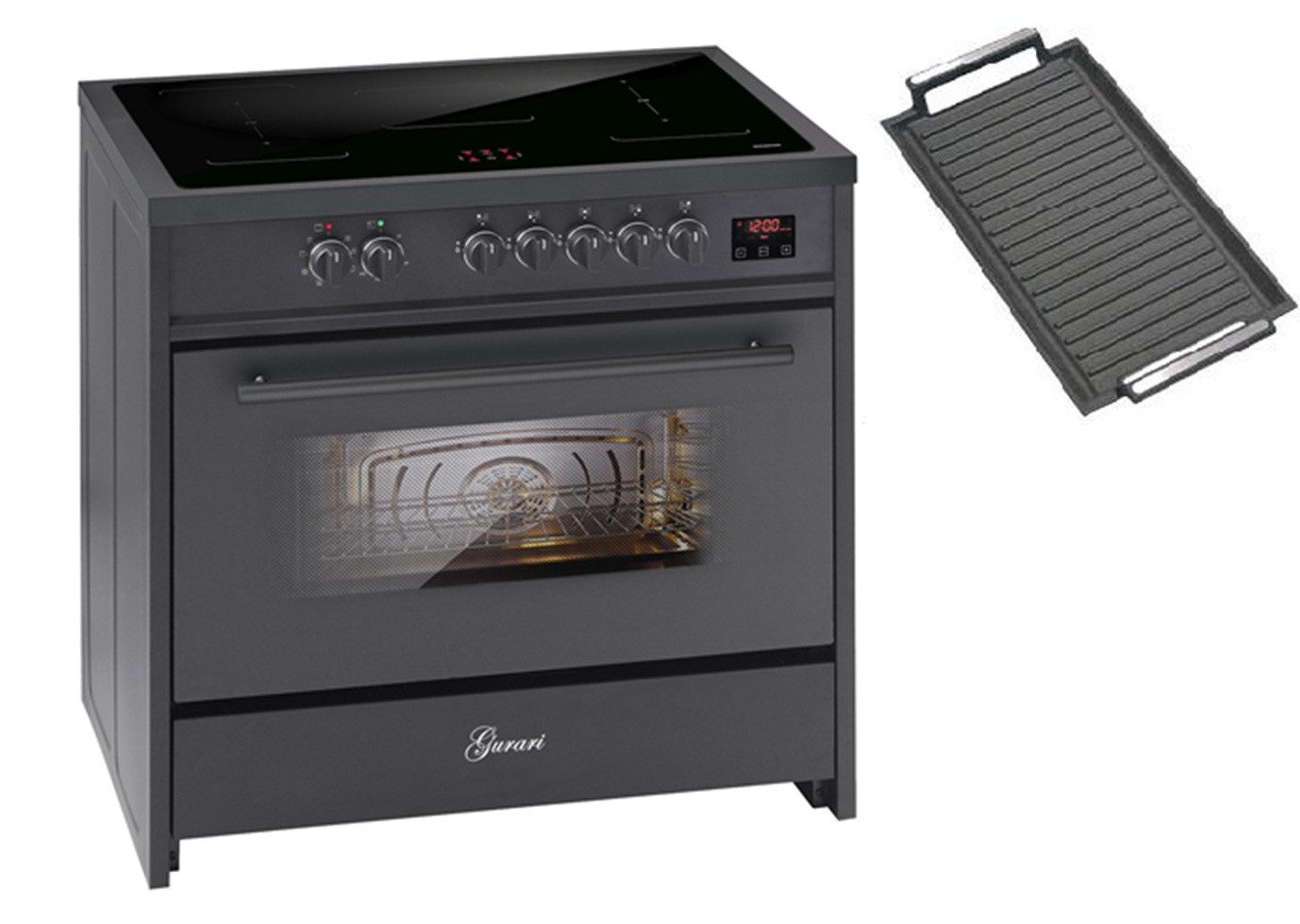 GURARI Induktions Herd-Set Induktionsherd 90 cm Standherd Schwarz, 5 Kochzonen, XXL Backofen 121L, Range Cooker,FLEX Zonen E 913 BL+Grillplatte,., mit 1-fach-Teleskopauszug