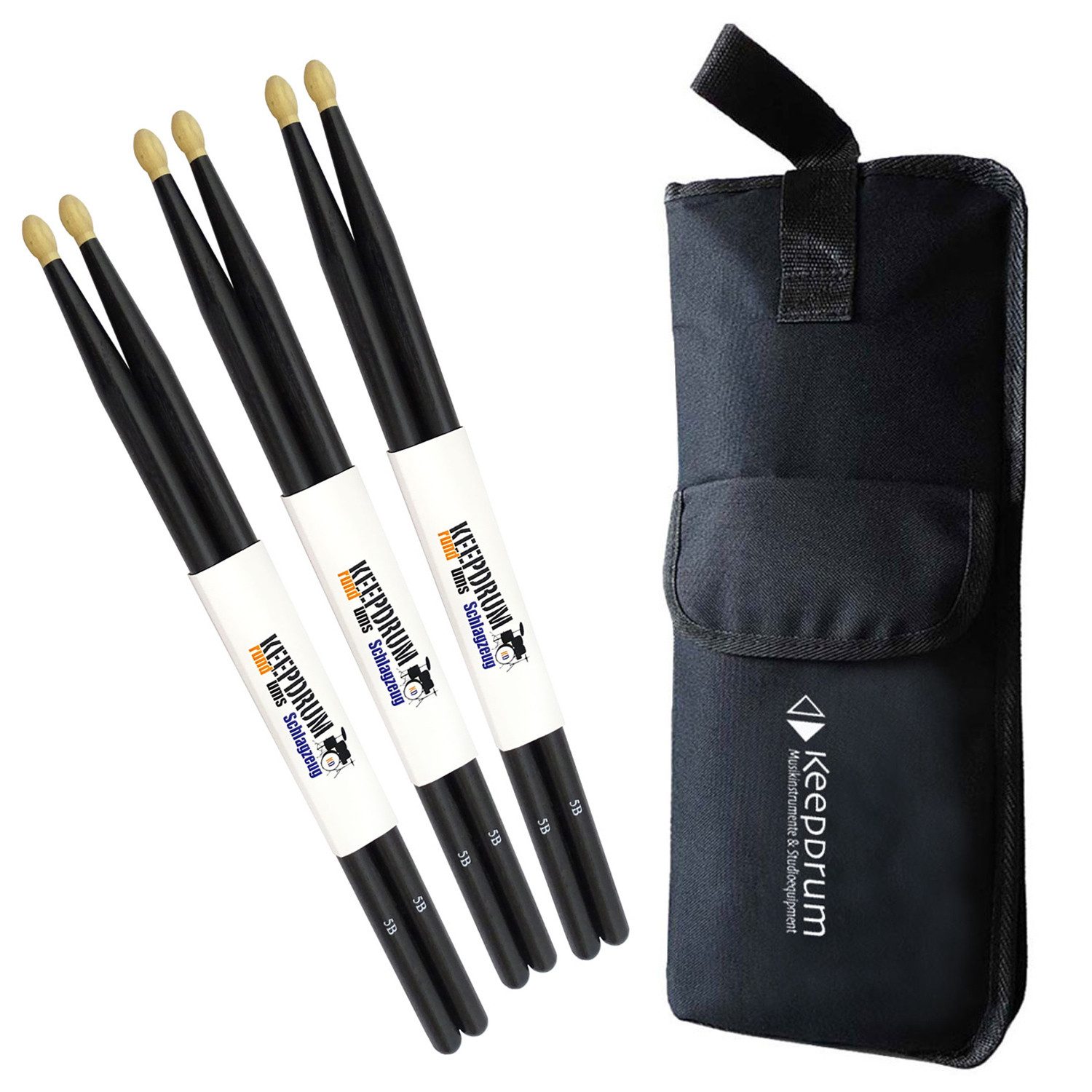 keepdrum Drumsticks 5BB Black Drumsticks (3 Paar, schwarz), mit Stickbag