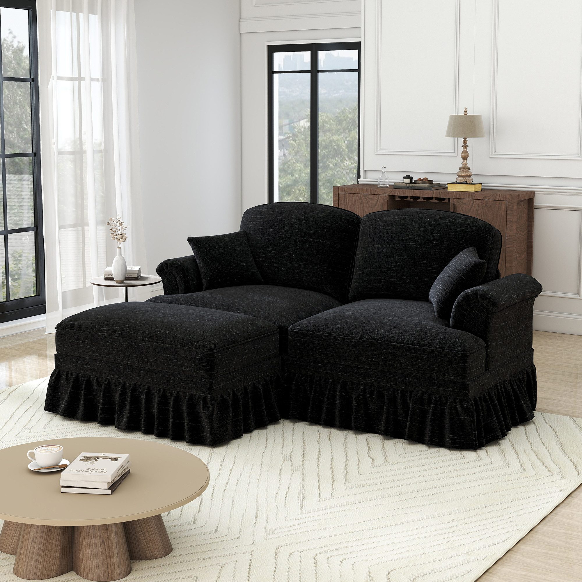 HAUSS SPOLE Schlafsofa L-form Zweisitzer Loungesofa mit 1 beweglichem Hocker,aus Chenille, 3 Teile