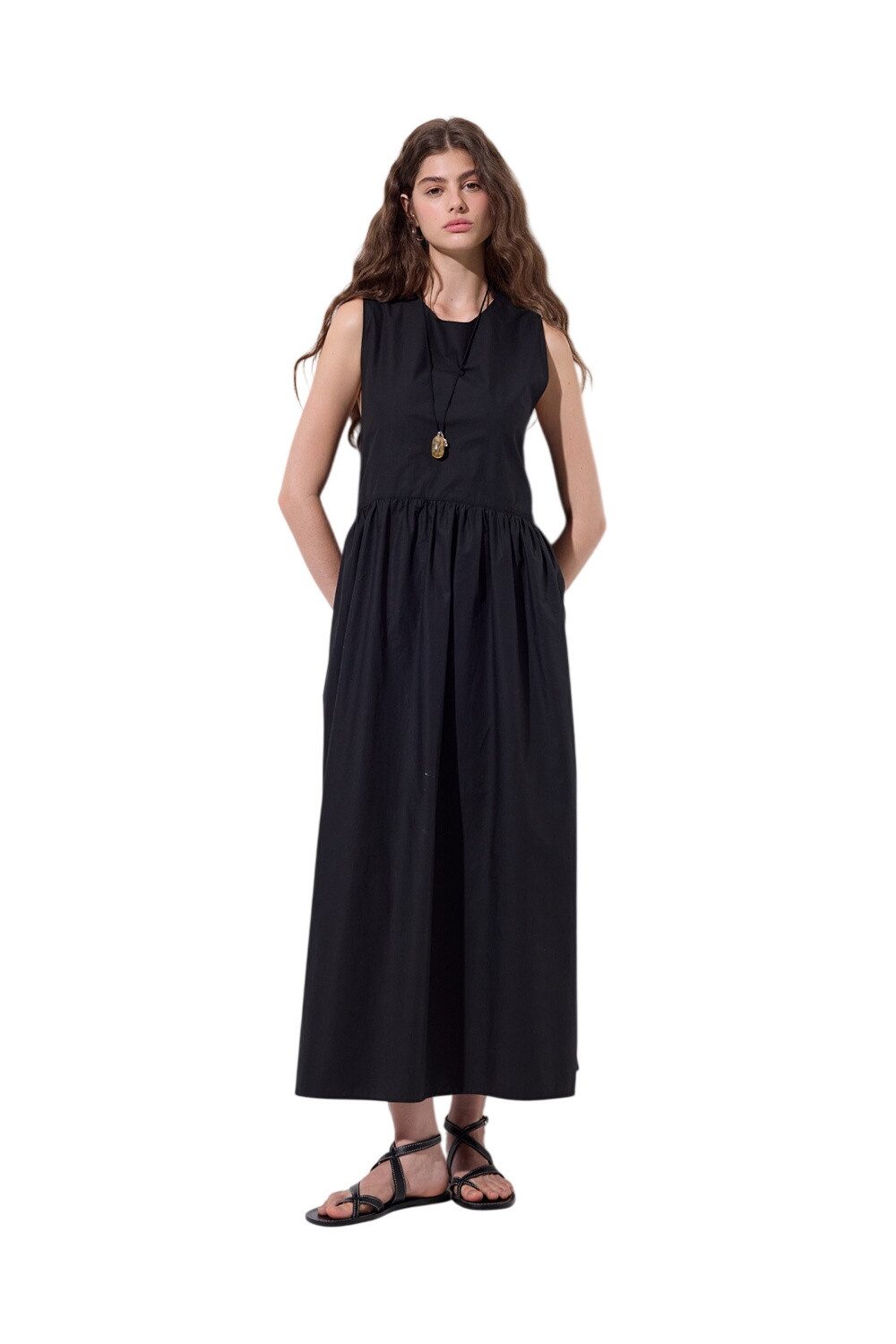 MANUKA Midikleid Schwarzes Popelinekleid mit verstellbarem Gürtel