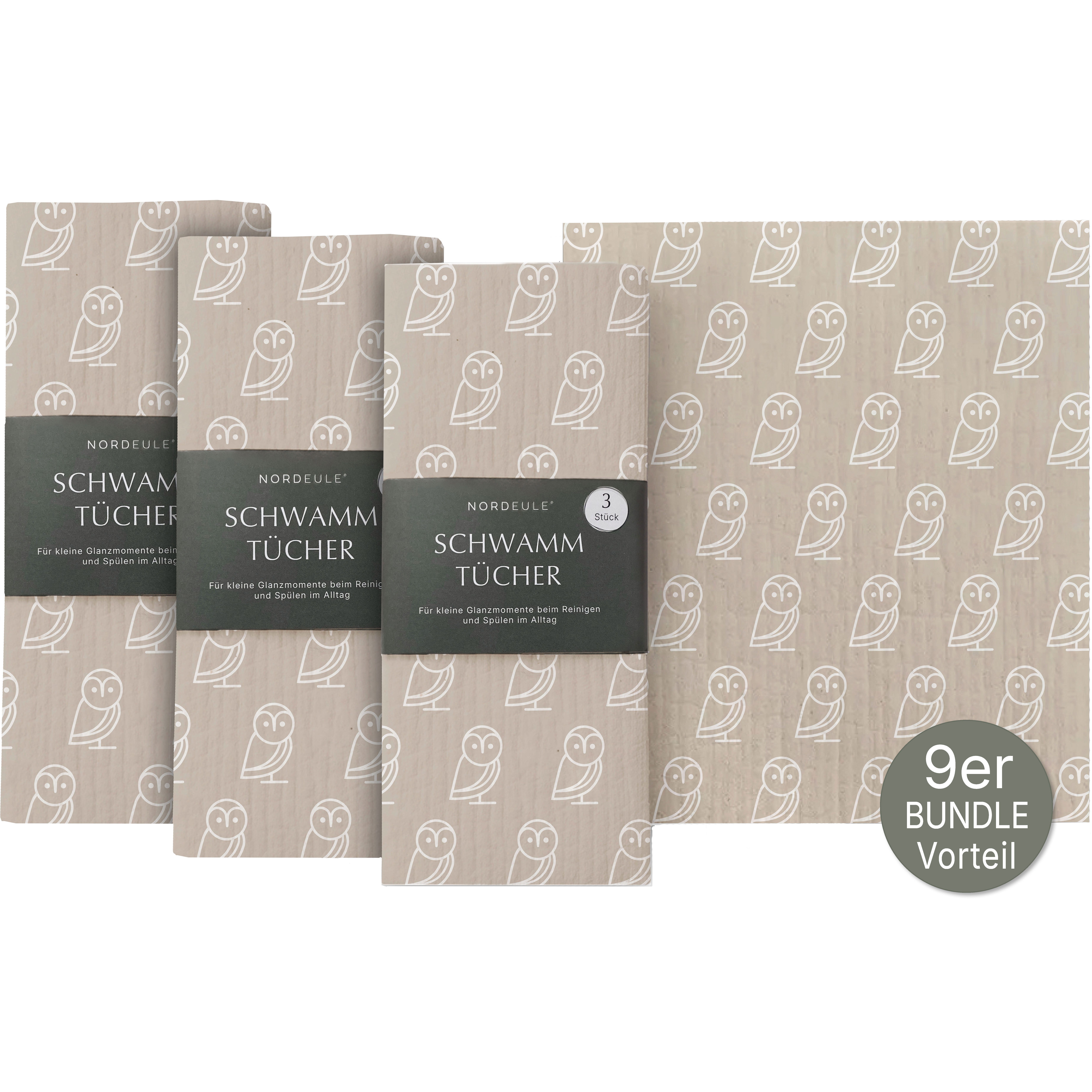 NORDEULE Eulen Muster Beige Weiß, Skandi Design für Küchenutensilien Reinigungstuch (70% Holz-Zellulose, 30% Baumwolle, Set, 9-tlg., ideales Geschenk & Mitbringsel für das ganze Jahr für Freunde, Familie)