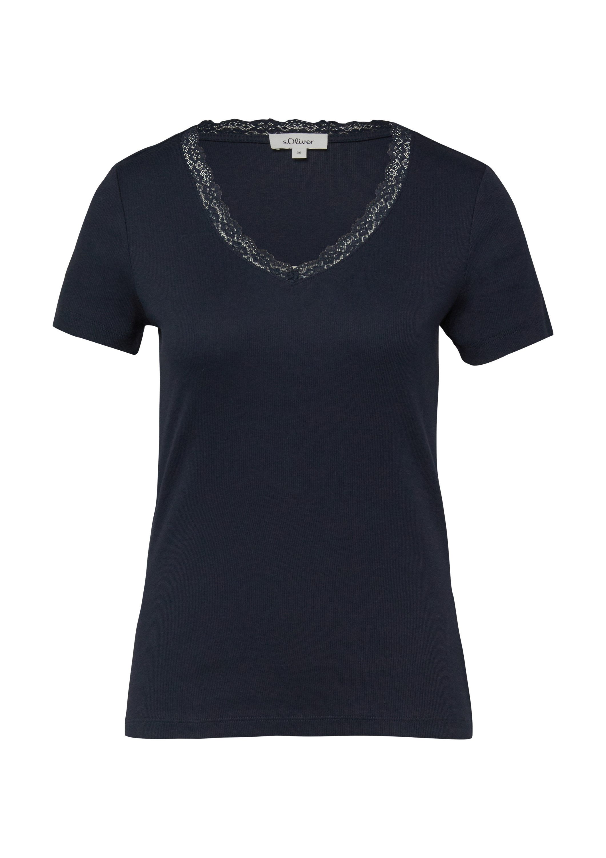 s.Oliver Kurzarmshirt T-Shirt Ripp-T-Shirt mit Spitze am Ausschnitt