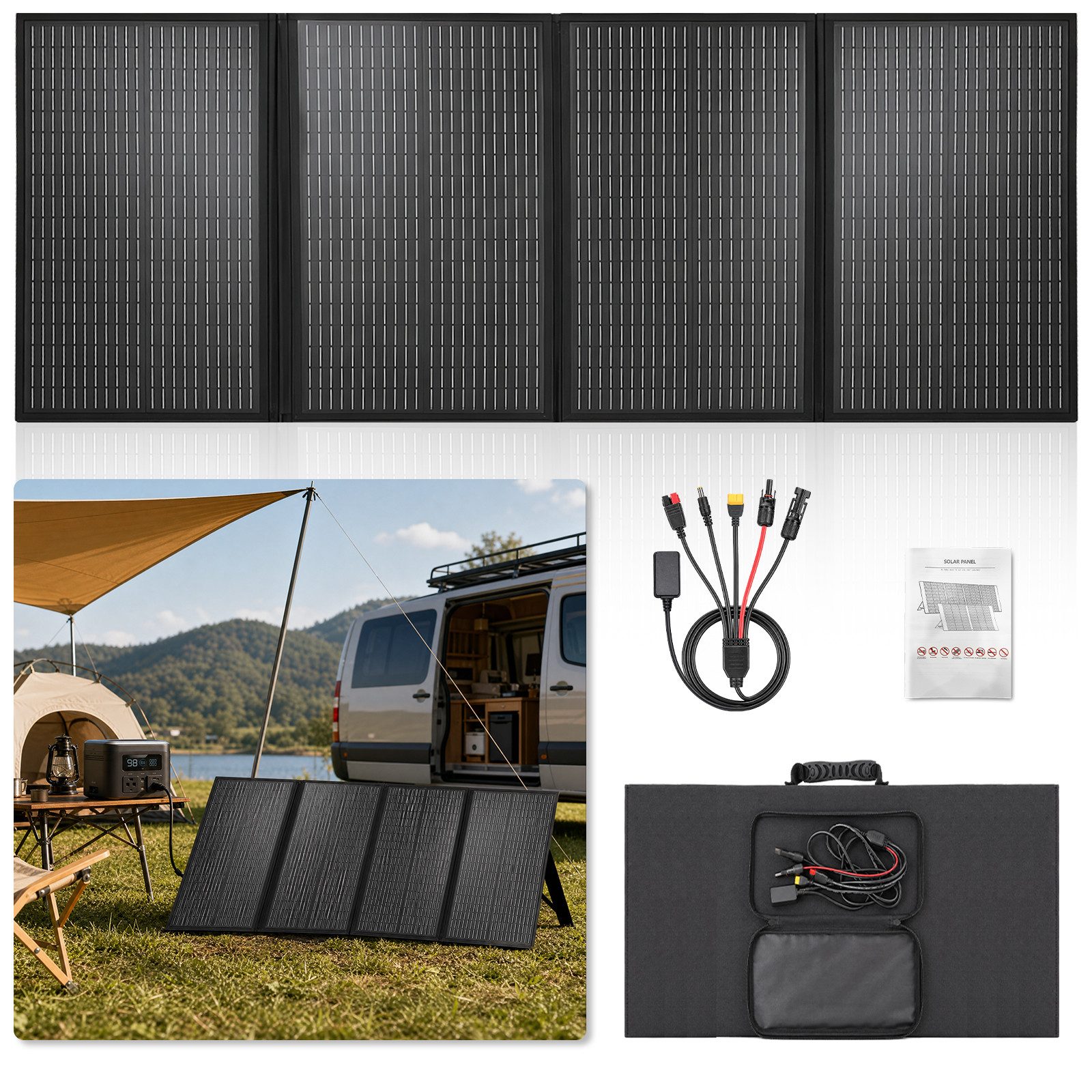 GLIESE Solarmodul 400W 36V faltbares Solarpanel Monokristallin mit 4-in-1 Kabel, Tragbares Solarpanel 4-fach, für Wohnmobil, Boot, Camping