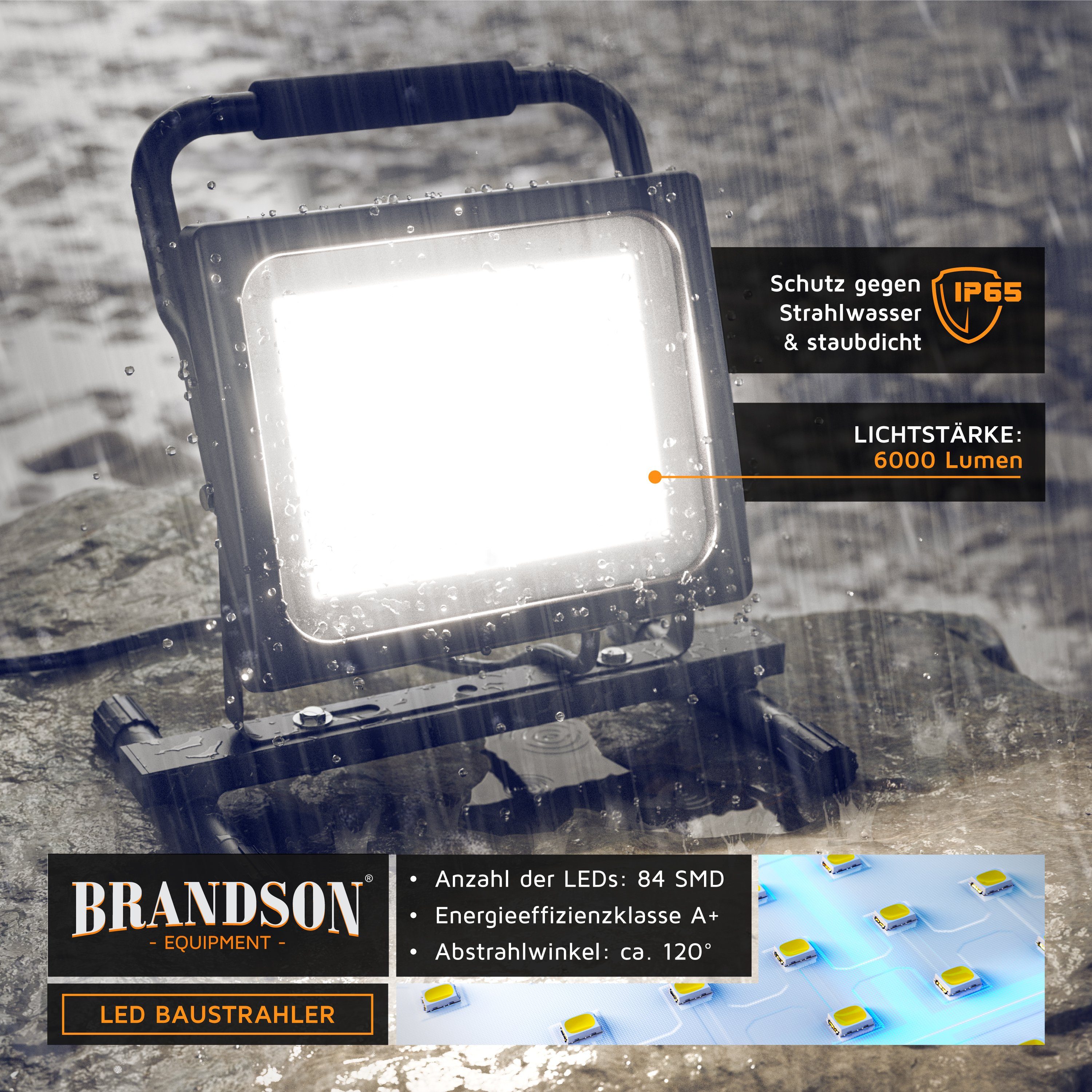 Brandson 60W - integriert, - Baustrahler, Bauscheinwerfer LED fest Baustrahler Kaltweiß, Arbeitsleuchte LED