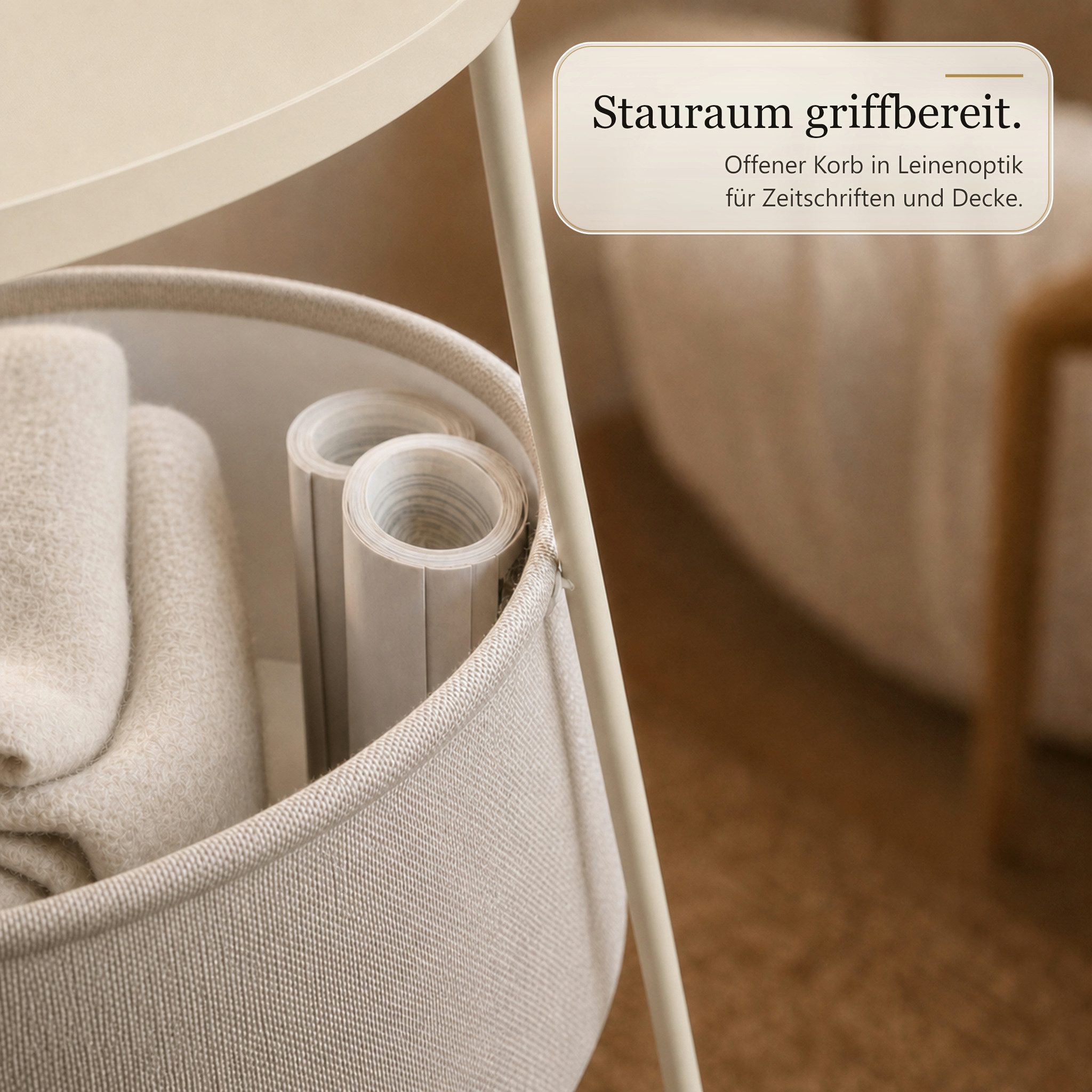 Floordirekt Couchtisch Dario Runder mit 2 Steckdosen A Stauraumkorb 2 USB 4 Farben (Einzelartikel), Integrierte Stromanschlüsse und USB-Ports – Bild 4 von 5