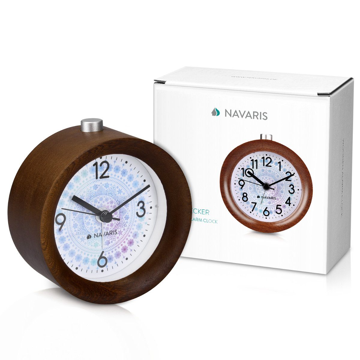 Navaris Holz Wecker mit Snooze, Design mit Uhr Retro Reisewecker Rund, Analog