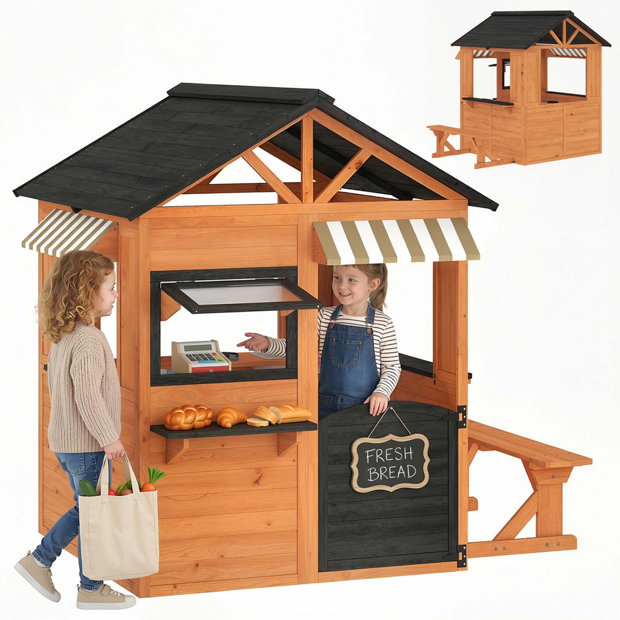 AIYAPLAY Spielhaus Kinderspielhaus aus Holz Outdoor mit Spielküche, Bank, für Kinder von 3-8 Jahren 171,5 x 146 x 156 cm Braun