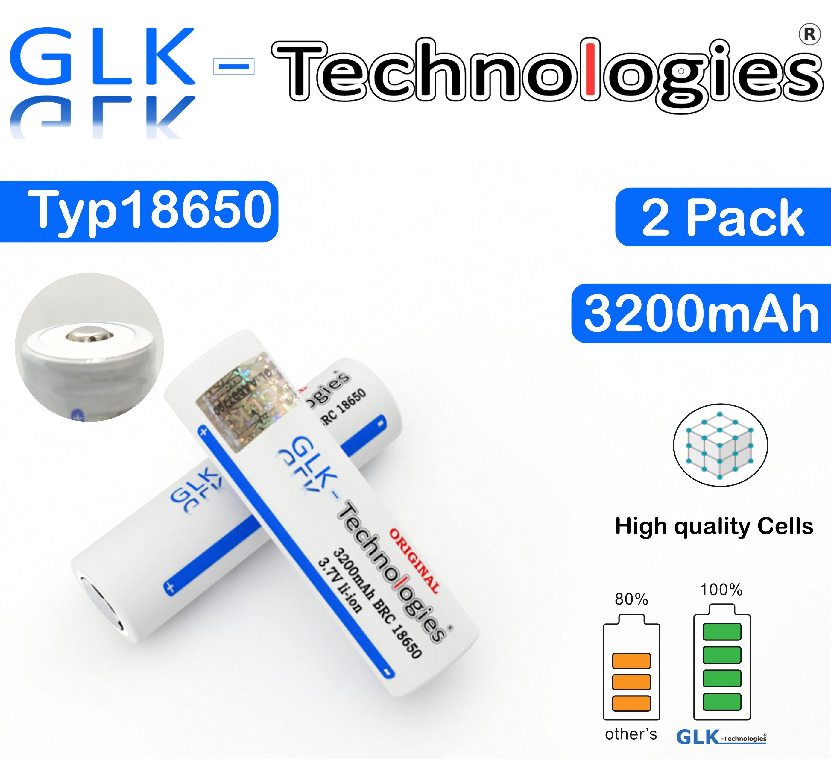 GLK-Technologies 2 Pack High Power Akkuzellen VTC6, 3200 mAh, 30A / 3,7V Akku LED Taschenlampe E-Zigaretten, GLK-Technologies Wiederaufladbarer Batterie, INR18650-M35A 18650 Button Zusatz-Akku 3200 mAh (3.7 V)