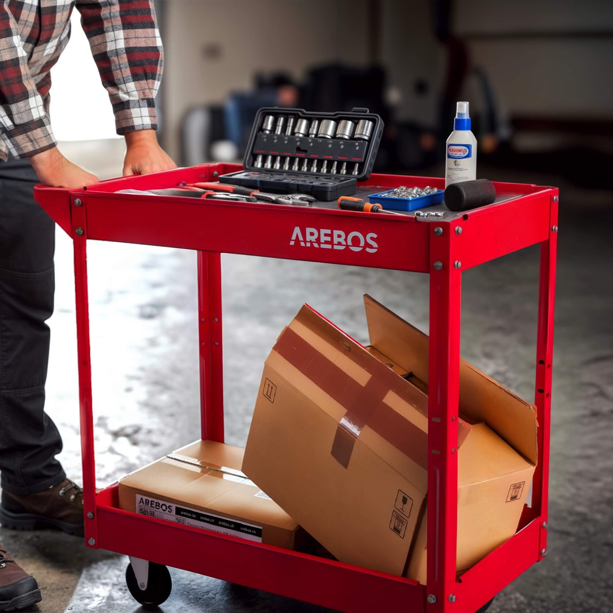 Arebos Werkstattwagen Werkstatt-Rollwagen, Werkzeugwagen, Belastbarkeit bis zu 100 kg, 2 Fächer, max. Traglast:100,00 kg – Bild 2 von 5
