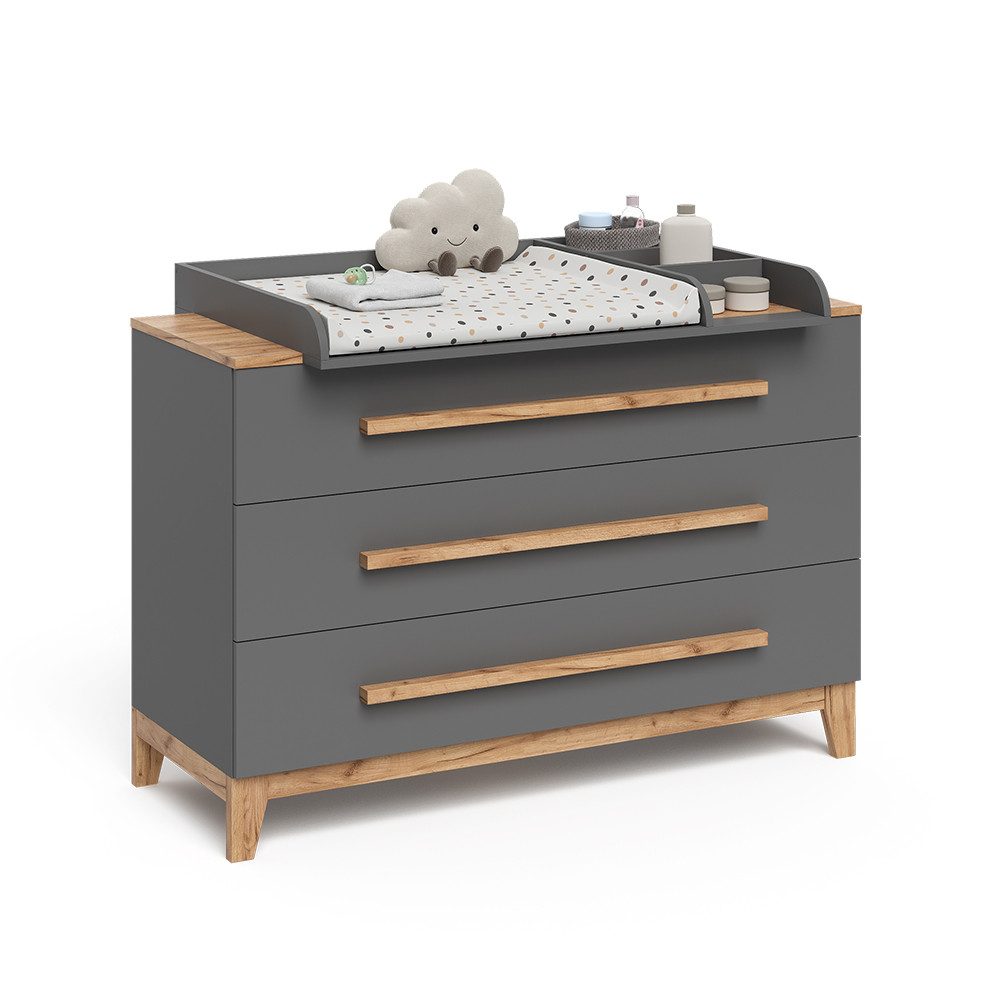 VitaliSpa® Wickelkommode Malia, Grau/Artisan/Artisan, 133.2 x 98 cm mit 3 Schubladen