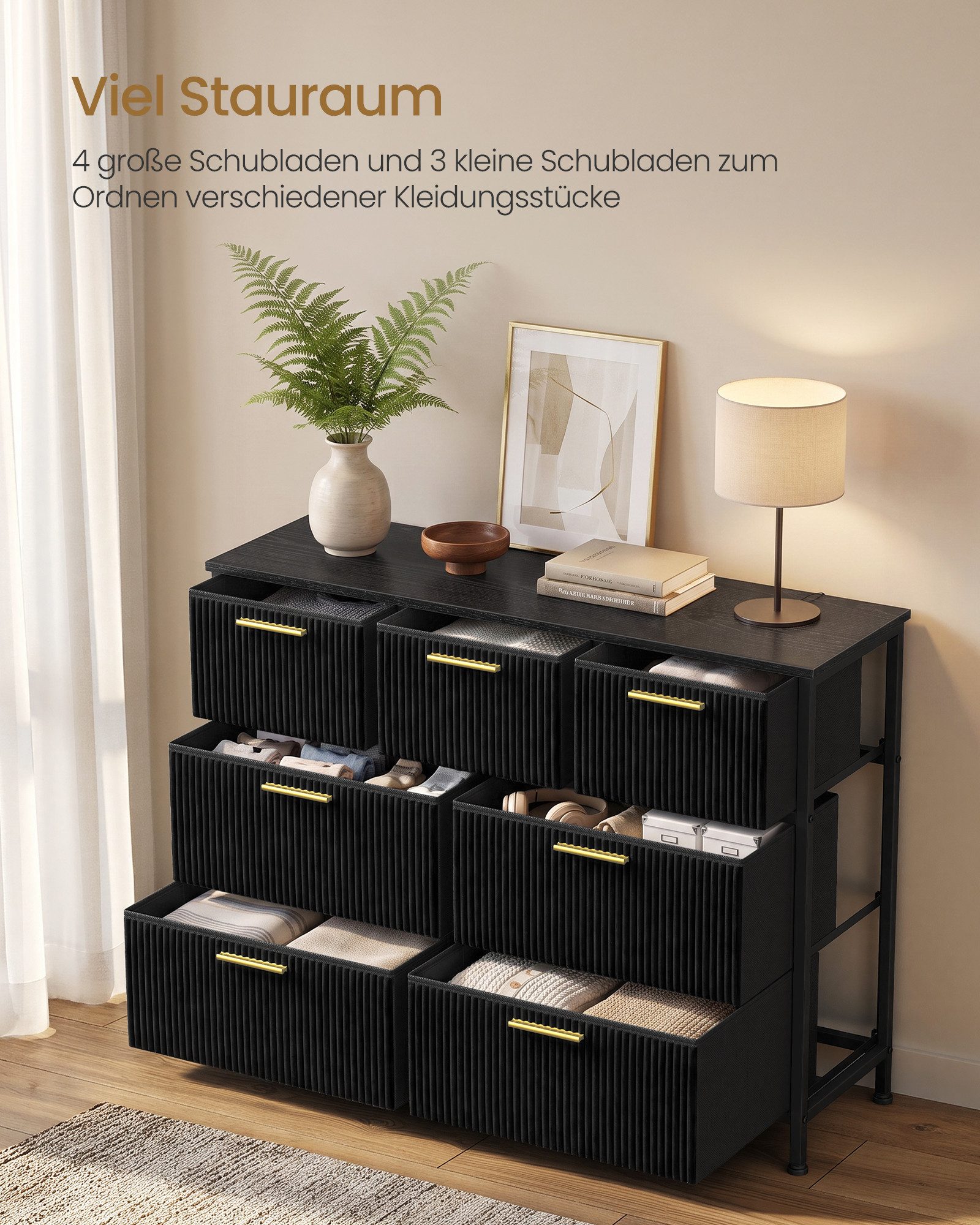 SONGMICS Kommode Wohnzimmerschrank im Cord-Design, Kommode mit 7 Schubladen, 98,7 x 30 x 74,7 cm, Tintenschwarz – Bild 4 von 5