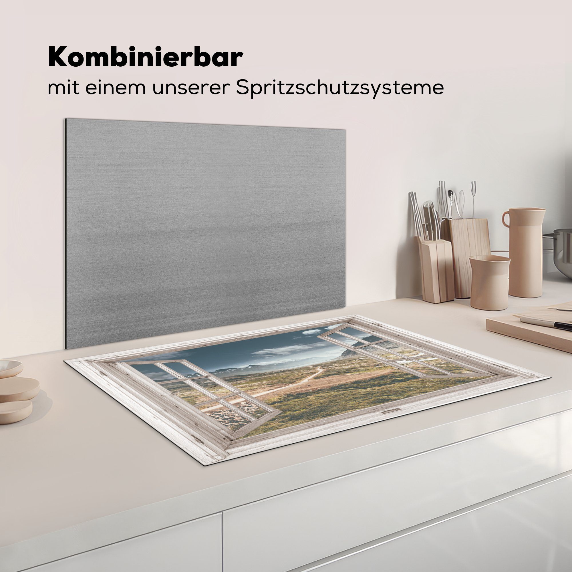 die 81x52 Vinyl, (1 Berg MuchoWow - küche, cm, Induktionskochfeld Schutz für Ceranfeldabdeckung Herdblende-/Abdeckplatte - Aussicht Holz, tlg),