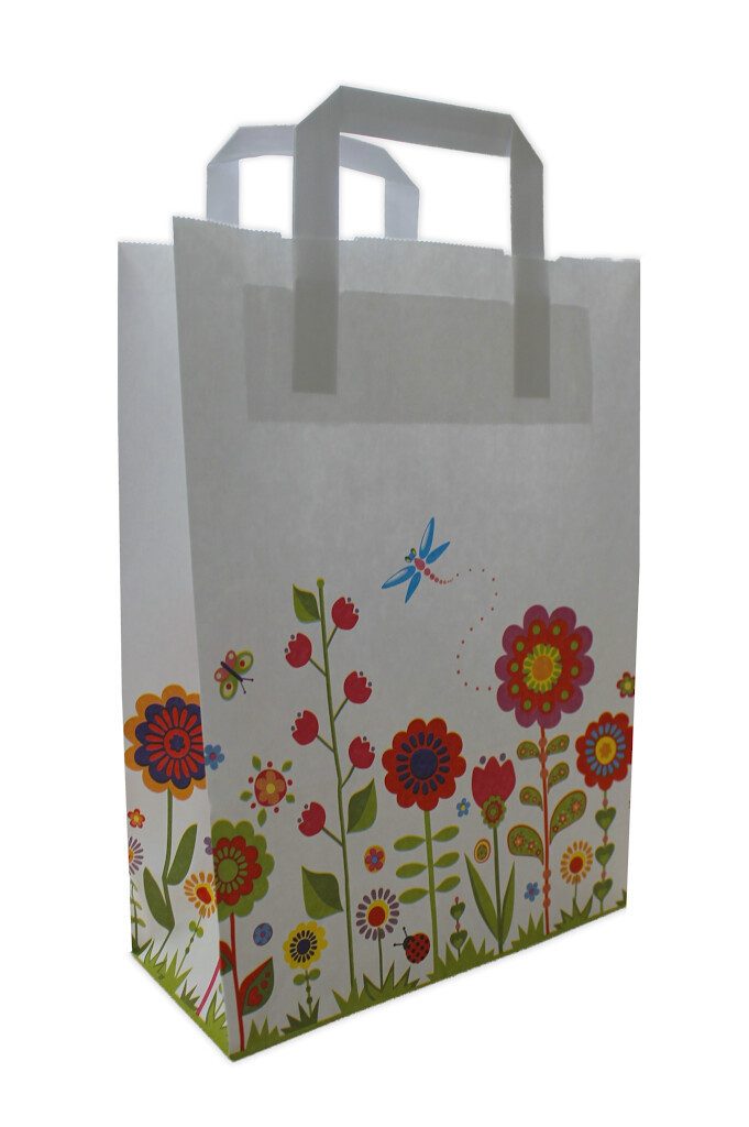 Tragetasche Papiertragetasche mit Flachhenkel weiß "BLUMENWIESE" (25-tlg)