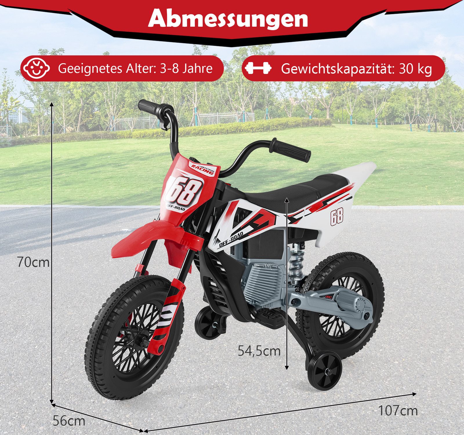 COSTWAY Elektro-Kindermotorrad, Belastbarkeit 30 kg, (1-tlg), 12V Kinder Motorrad, Eletromotorrad, mit Musik, 3-5 km/h