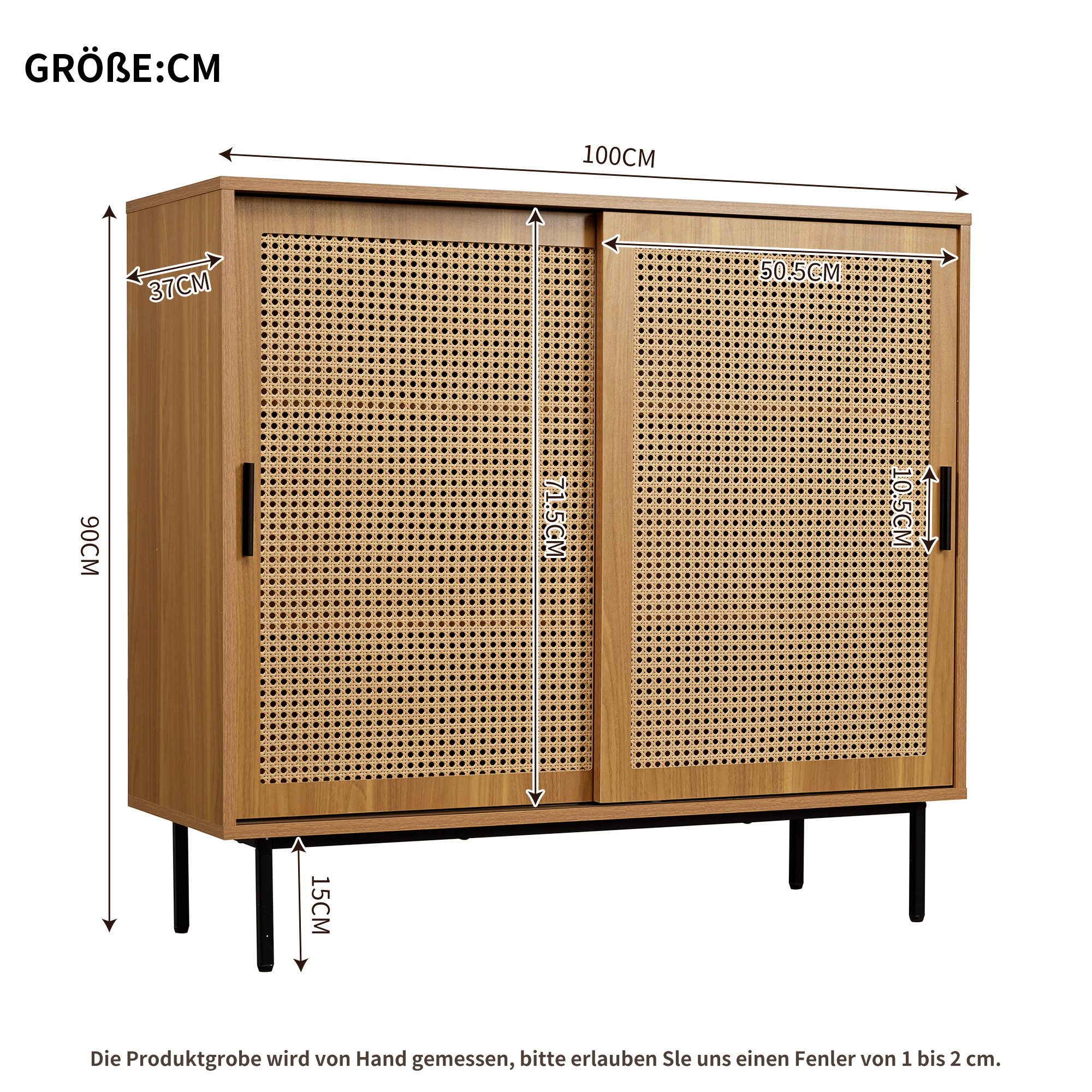 Flieks Sideboard mit 2 Rattan-Schiebetüren (100x37x90 cm, 1 St), Küchenschrank Kommode Aufbewahrungsschrank Wohnzimmer