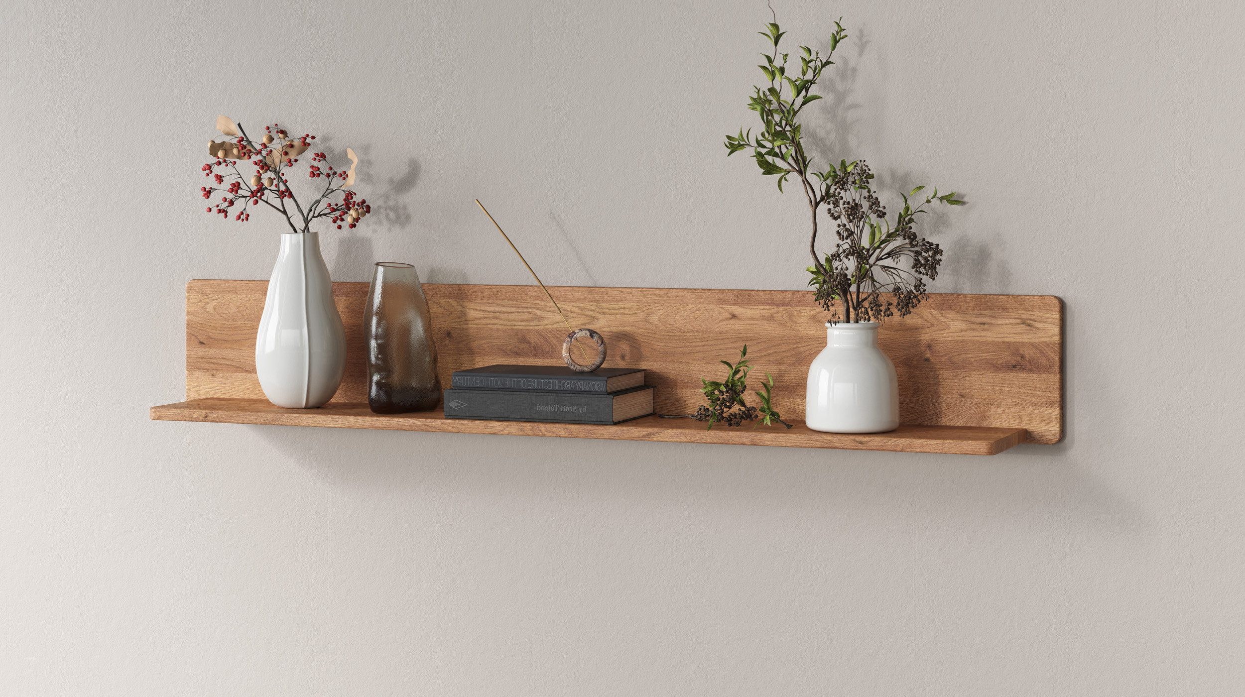 Massivart® Wandboard LUCAS 149 cm Breite / Massivholz Wildeiche geölt, Wandregal / großzügige Ablagefläche