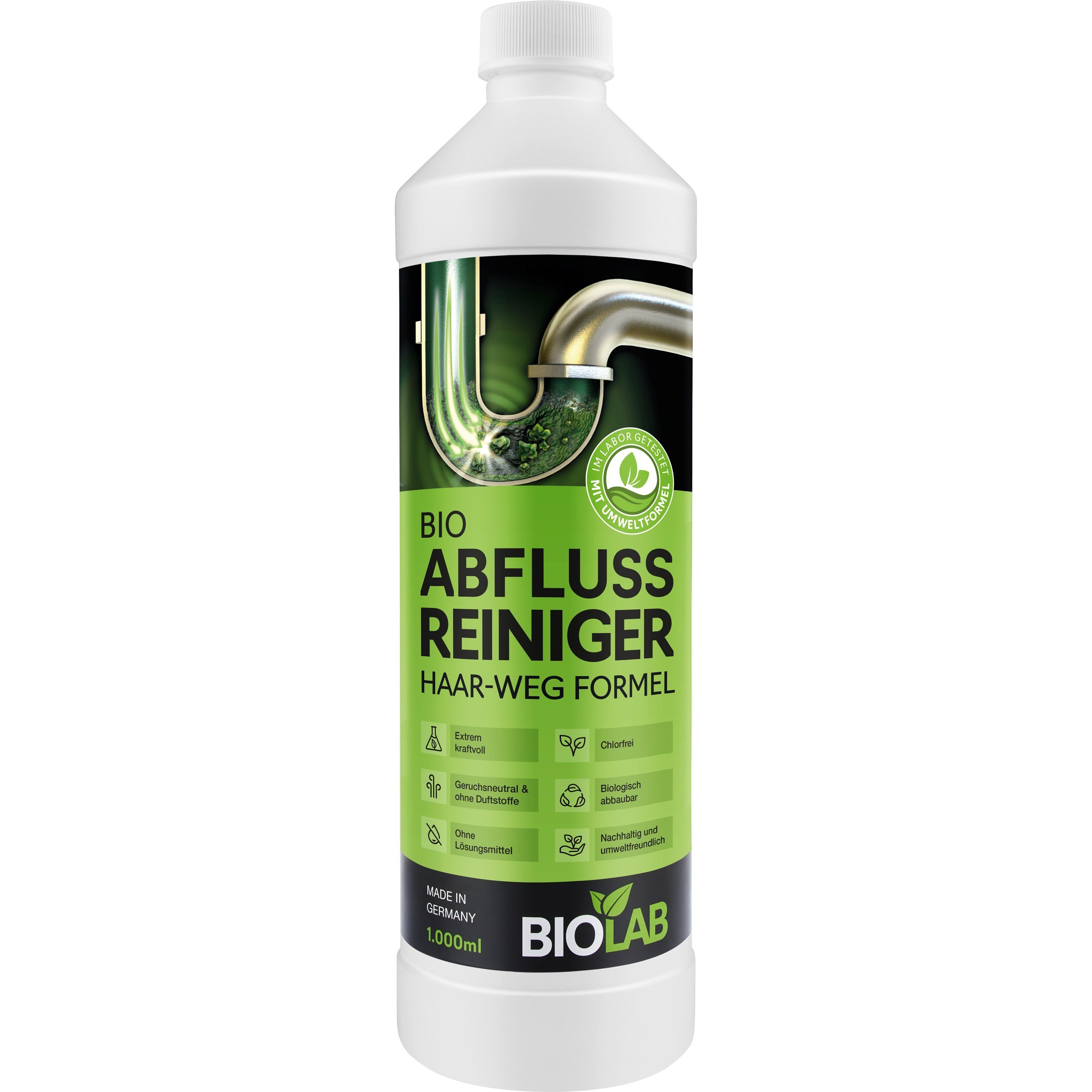 BIOLAB Abflussreiniger Rohrreiniger (mit Haarweg Formel, [1-St. 1000 ml reichen für bis zu 10 Anwendungen)