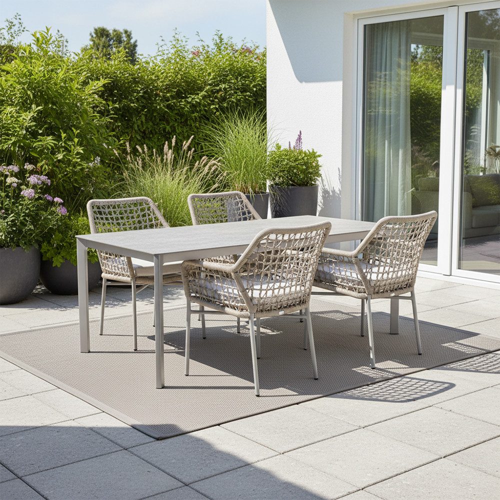 acamp Gartenlounge-Set Garten Essgruppe 5tlg mit Ausziehtisch und Rope Sesseln, (ergonomische Sessel mit wasserabweisenden Polyesterkissen), pulverbeschichtetes Aluminiumgestell mit Glas Tischplatte