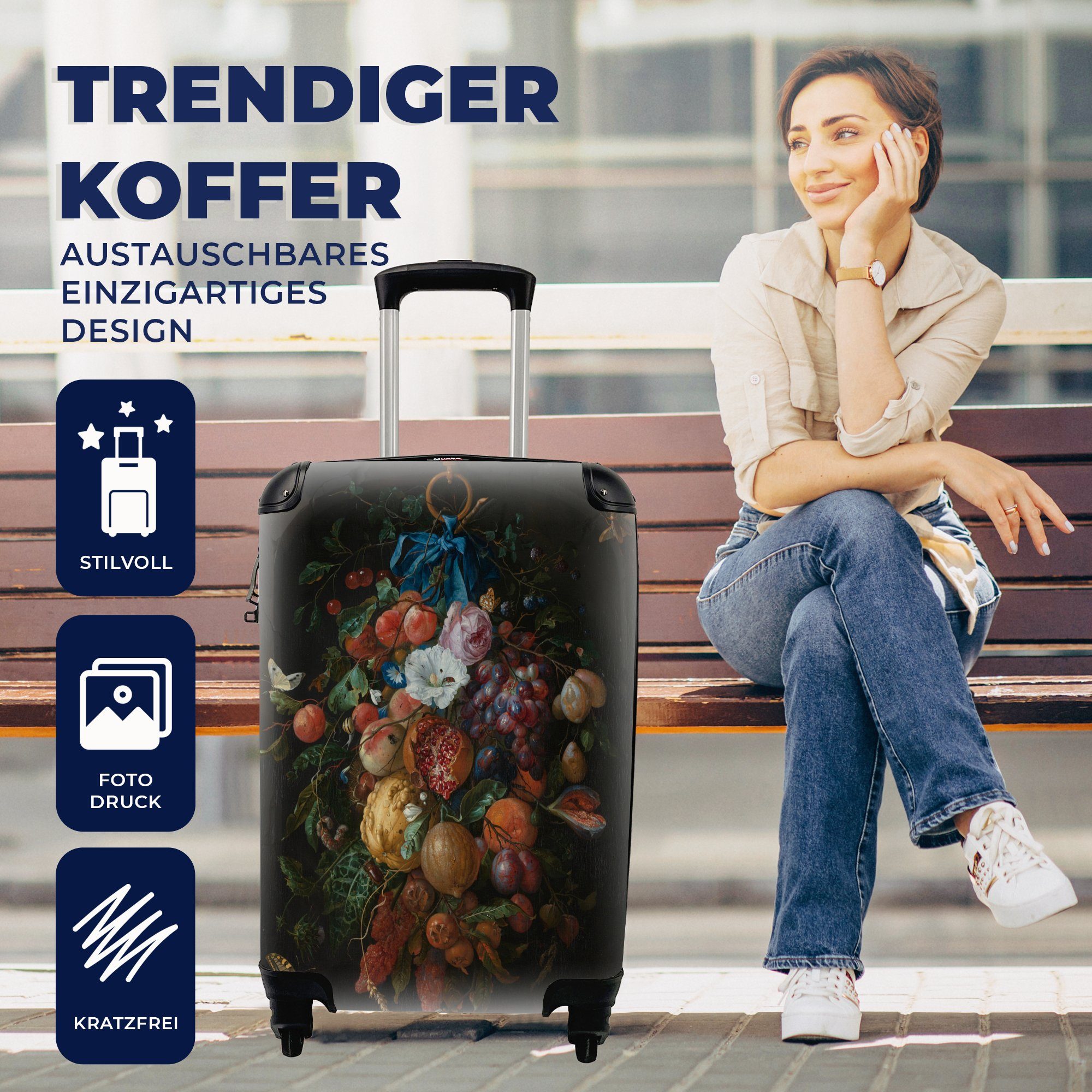 Rollen, für Handgepäck Heem, und - Trolley, rollen, Gemälde Davidsz. Früchte mit Jan Reisekoffer Blumen Ferien, 4 Reisetasche de MuchoWow Handgepäckkoffer von