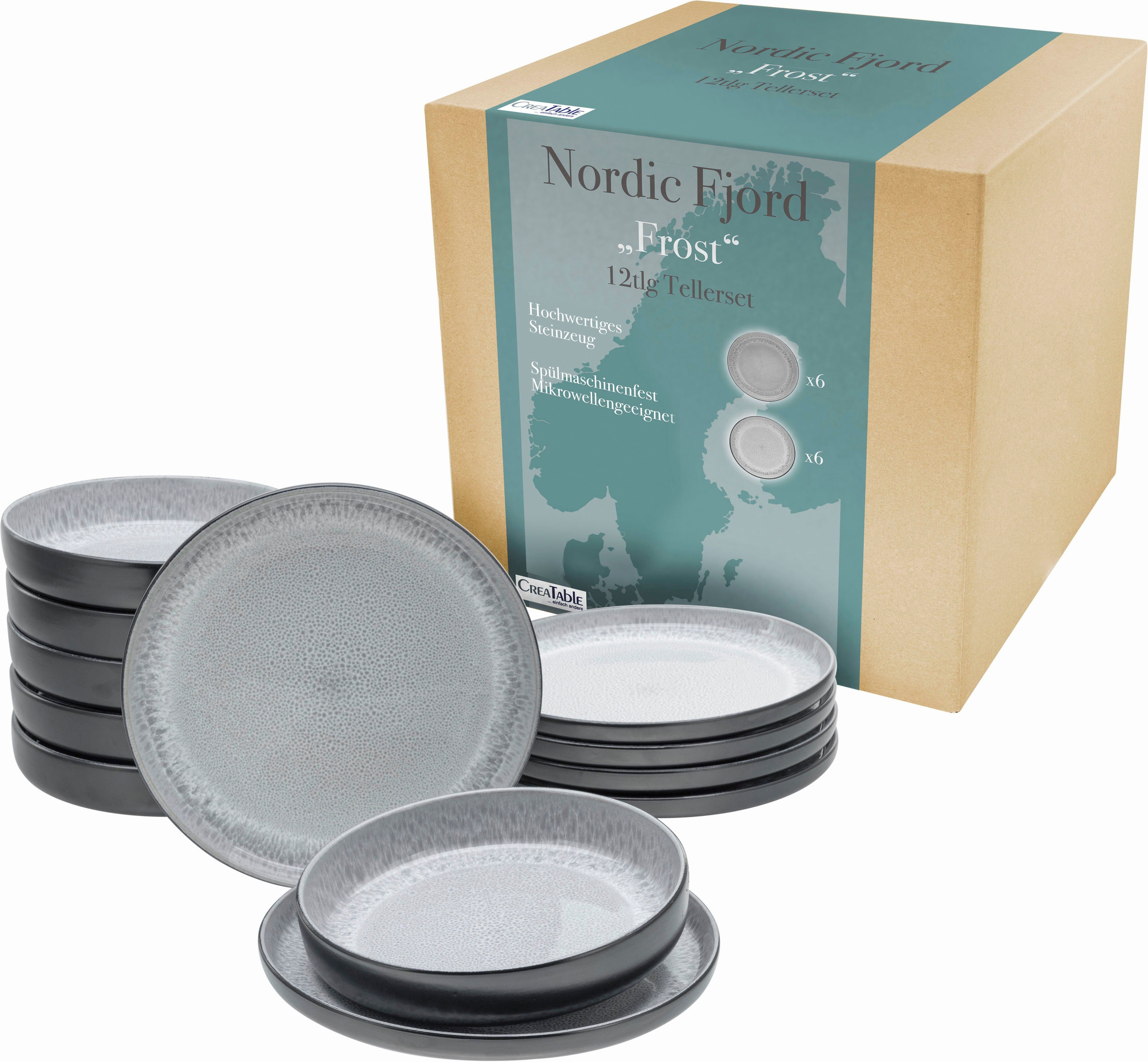 Ø (12-tlg), Suppenteller cm, cm 6 Speiseteller Tafelservice, Ø 26 Steinzeug, 6 Teller-Set 22,5 Personen, CreaTable Nordic 6 Fjord